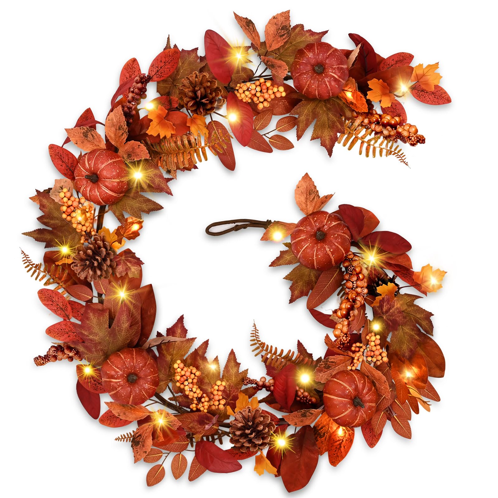 1 Pc 6 FT Fall Garland with Lights, Artificial Autumn Leaves & Pumpkin Vine