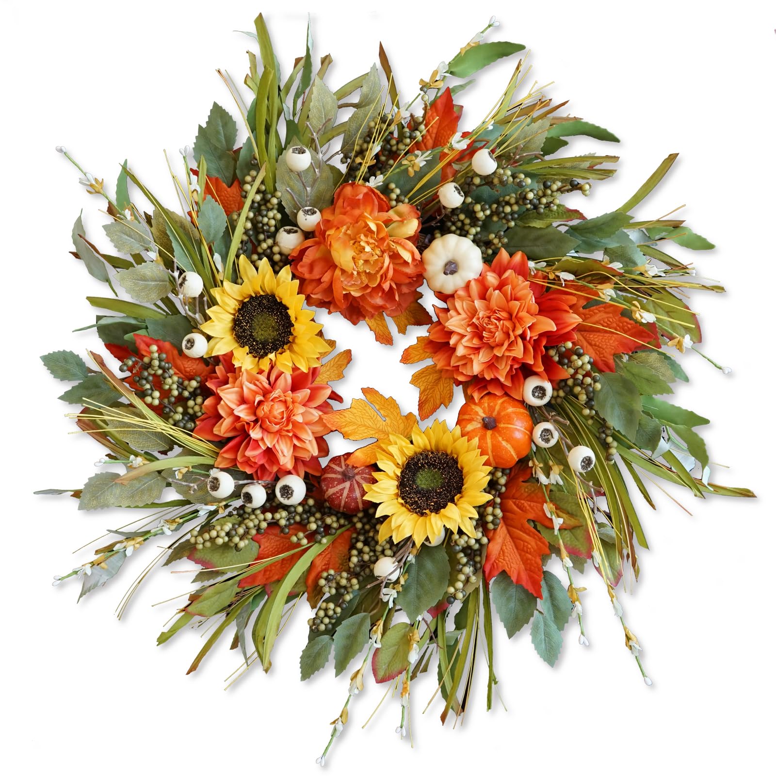 Autumn-themed floral wreath with sunflowers, pumpkins, and greenery on a white background