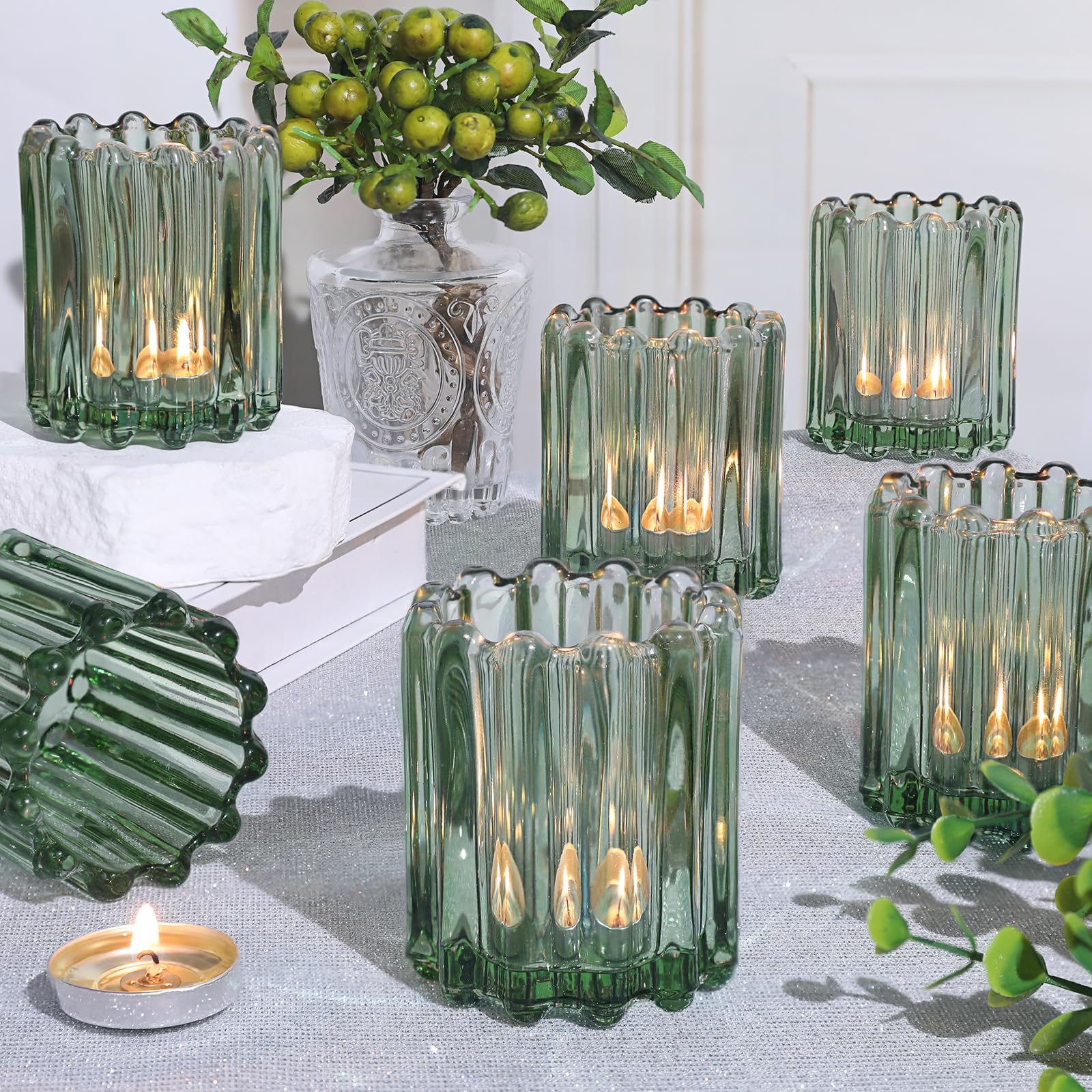 6 PCS Green Glass Votive Candle Holders