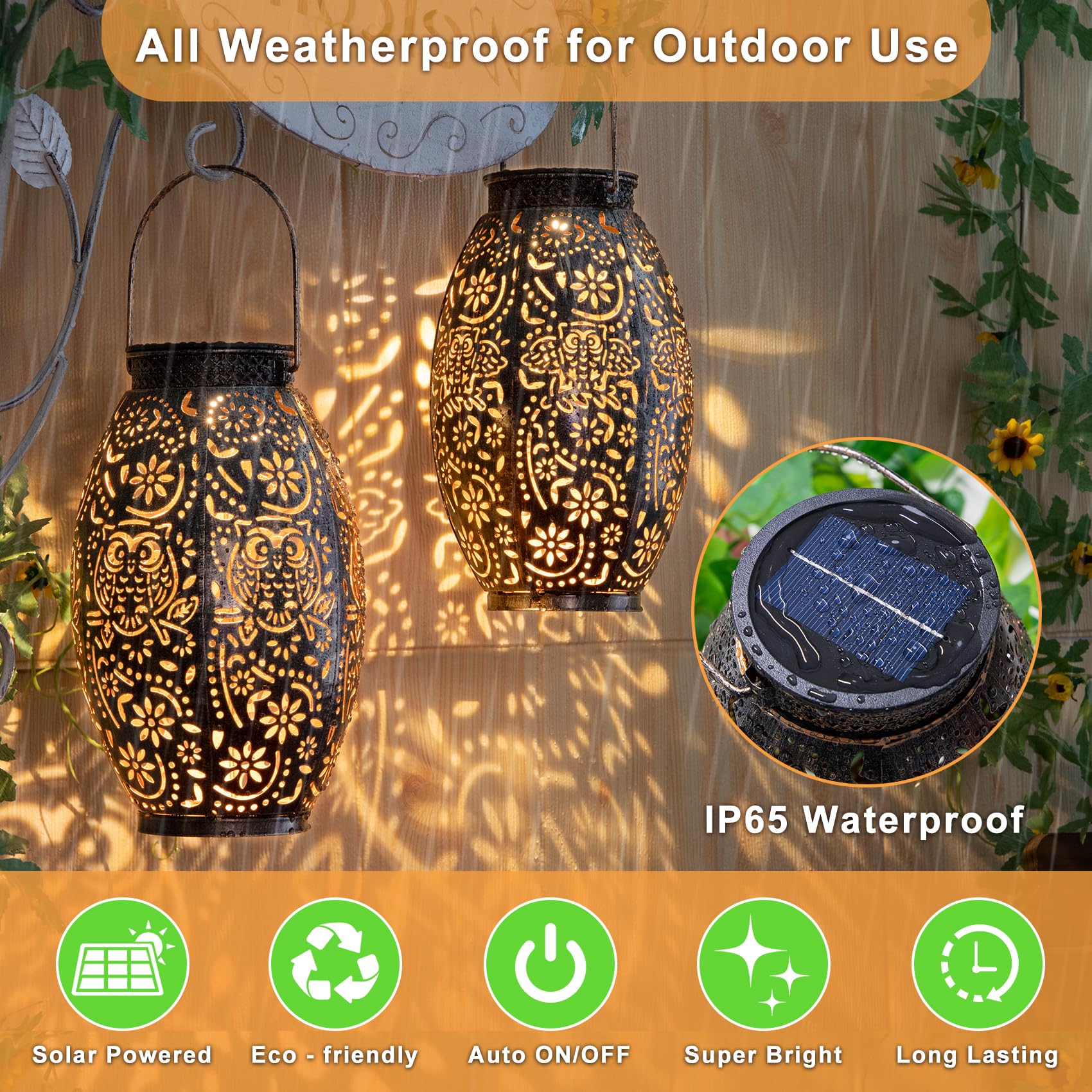 Decorative outdoor lanterns with solar panel and weatherproof feature, suitable for outdoor use.