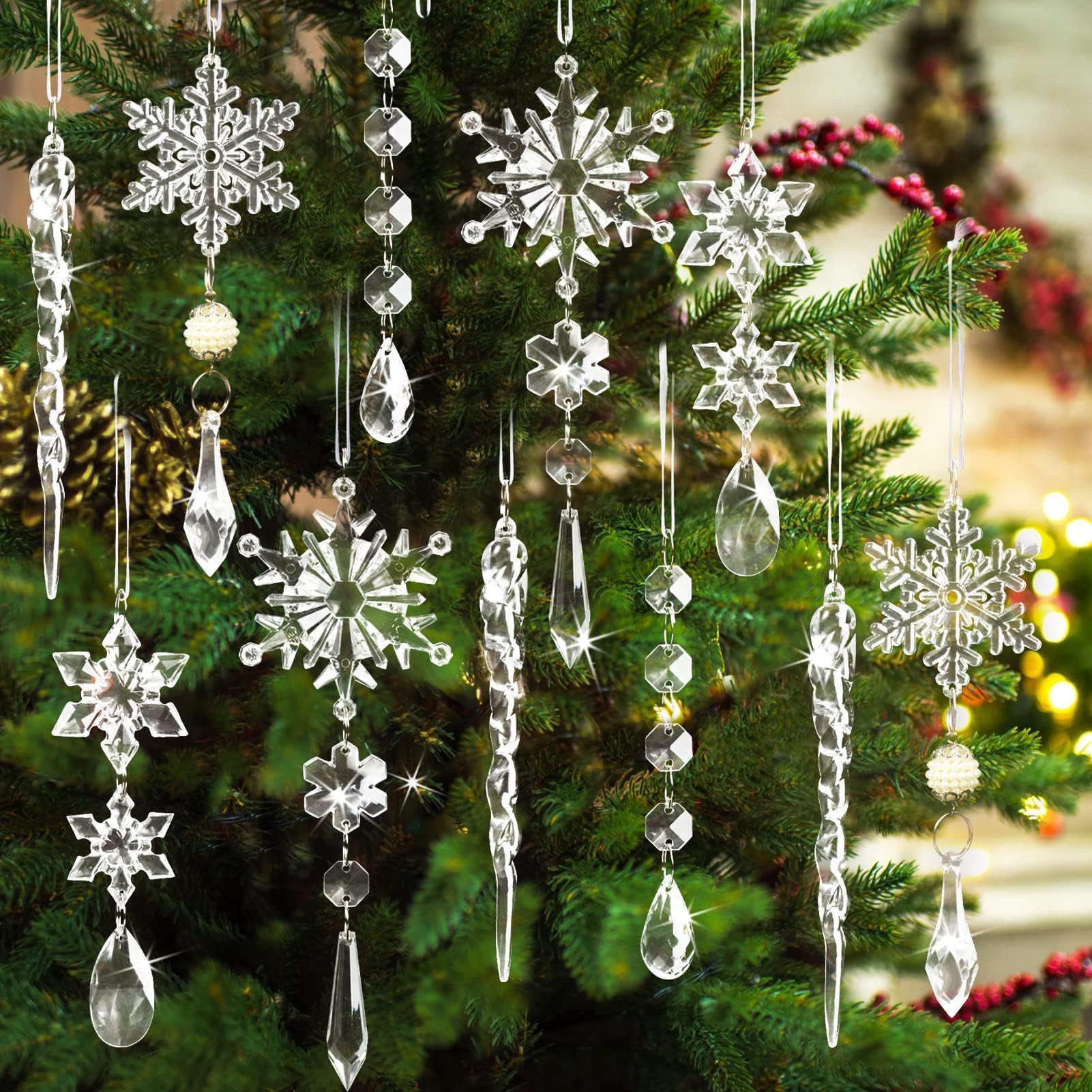 18pcs Crystal Snowflake Icicle Ornaments with Drop Pendants