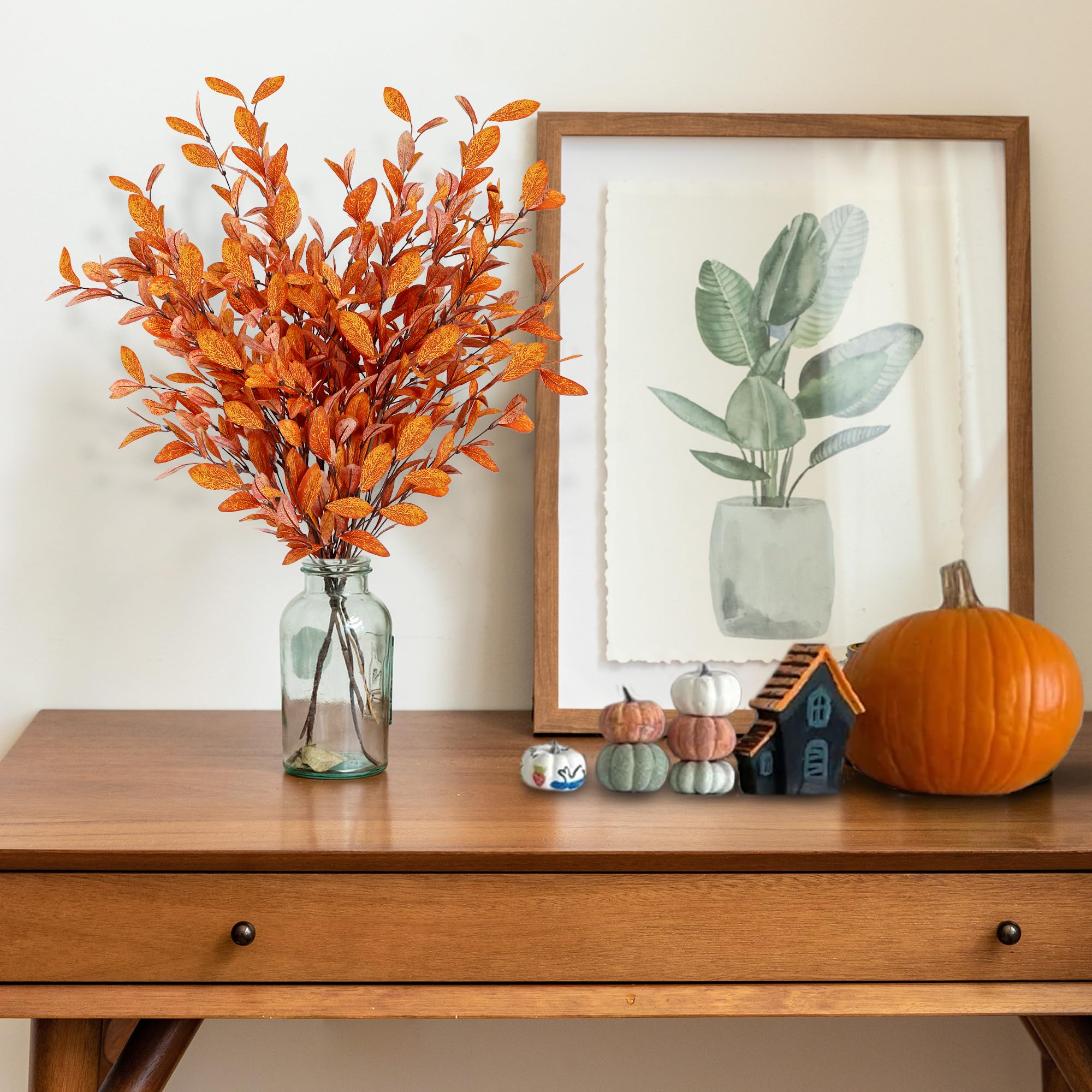 6 Pcs Orange Artificial Fall Eucalyptus Stems Silk Autumn Leaf Branches