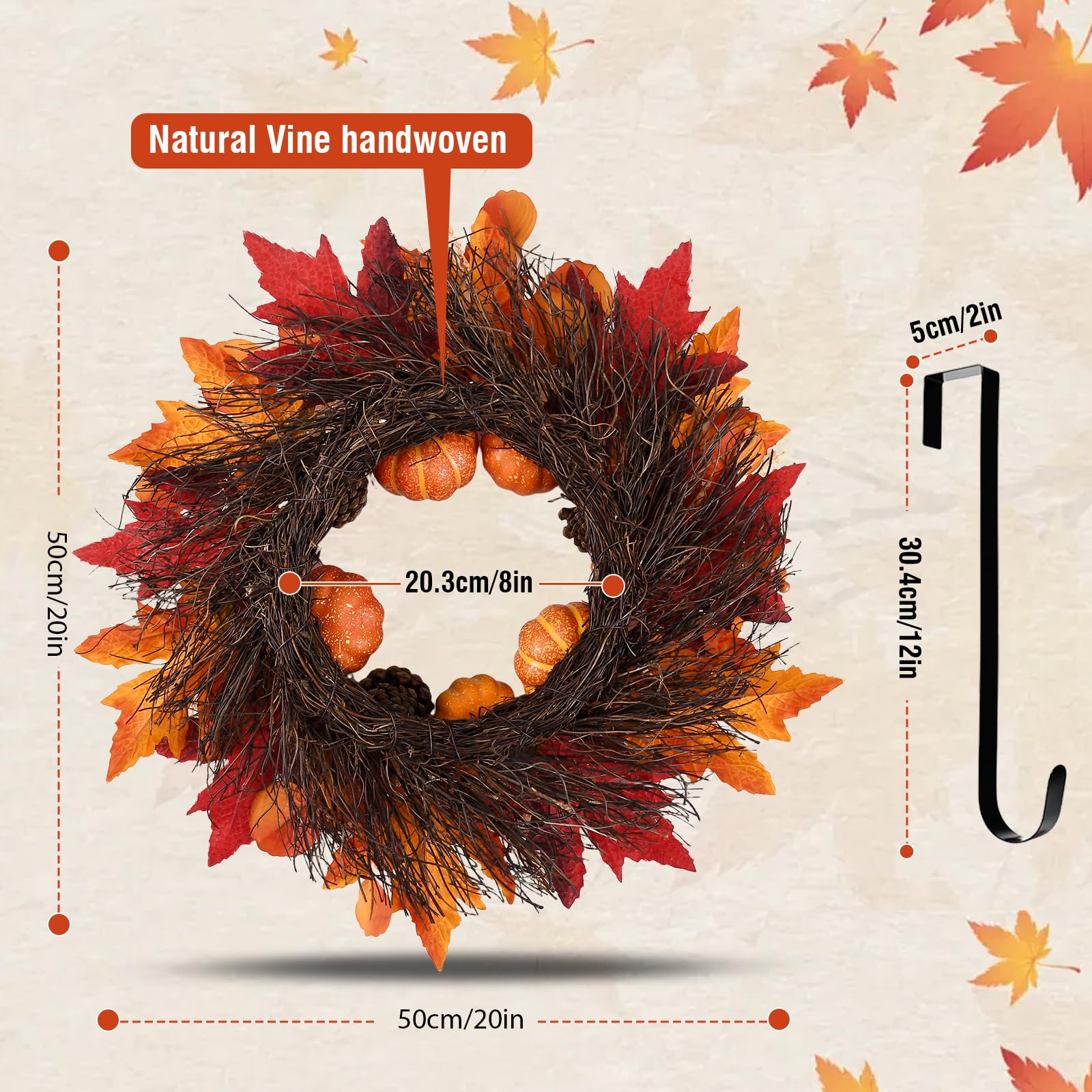 20 Inch Fall Wreath Decoration Leaf Pumpkin Pine Cone Berry Indoor/Outdoor