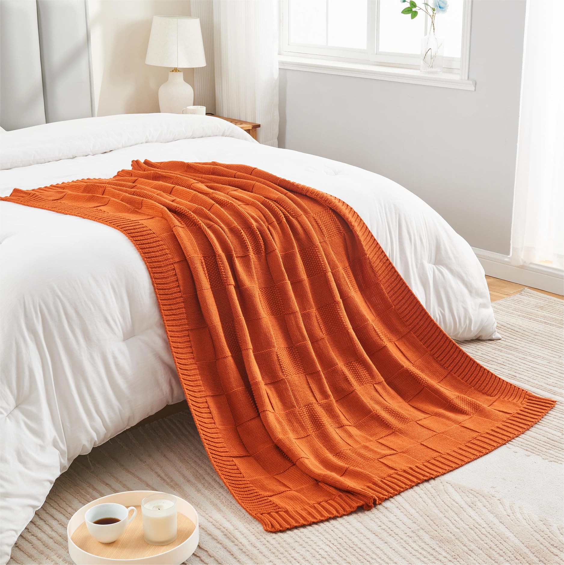 Knit Orange Checkered Throw Blanket for Fall 50"X60", Rust Orange