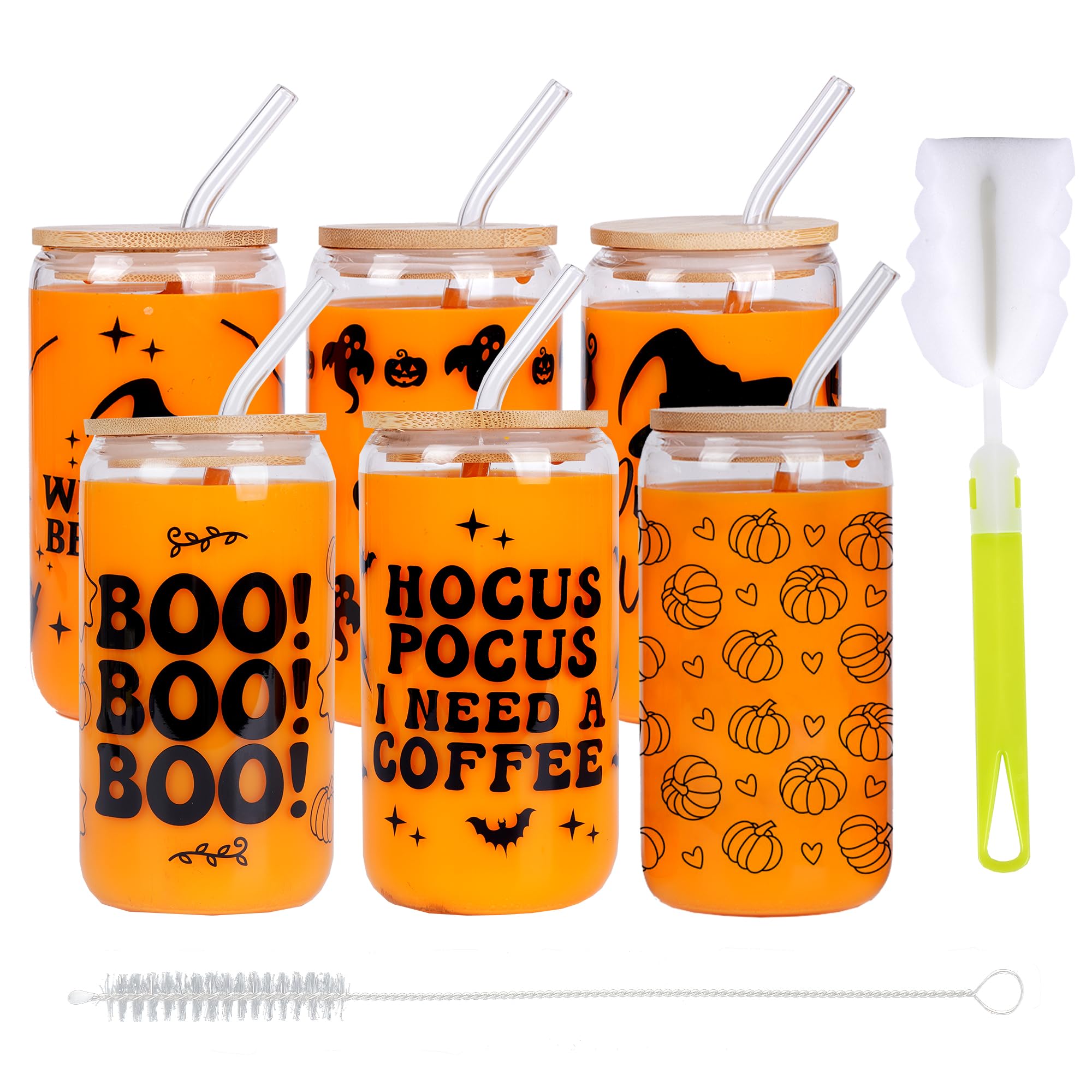 6 Pc Halloween Can Glass with Bamboo Lid 16oz