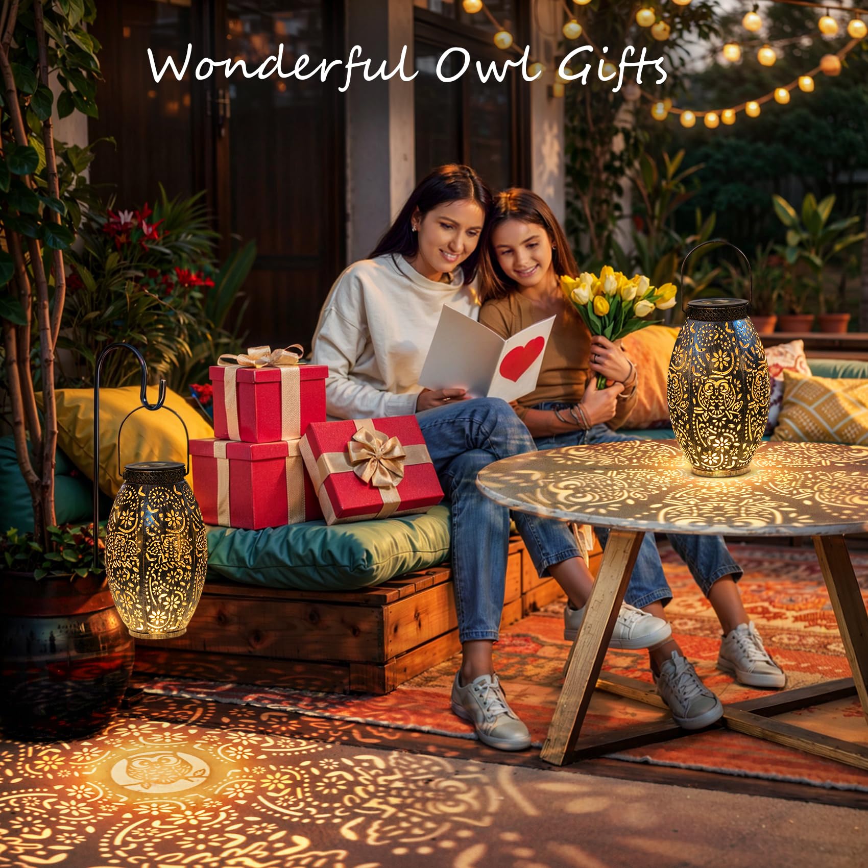 Two women sitting on a bench with presents and a card, surrounded by decorative lanterns and plants.