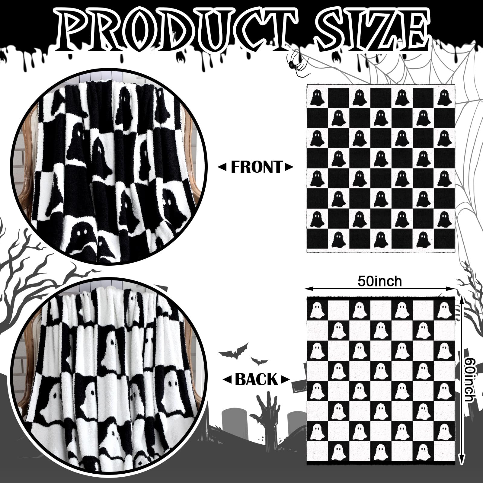 Black and White Reversible Ghost Pattern Halloween Throw Blanket