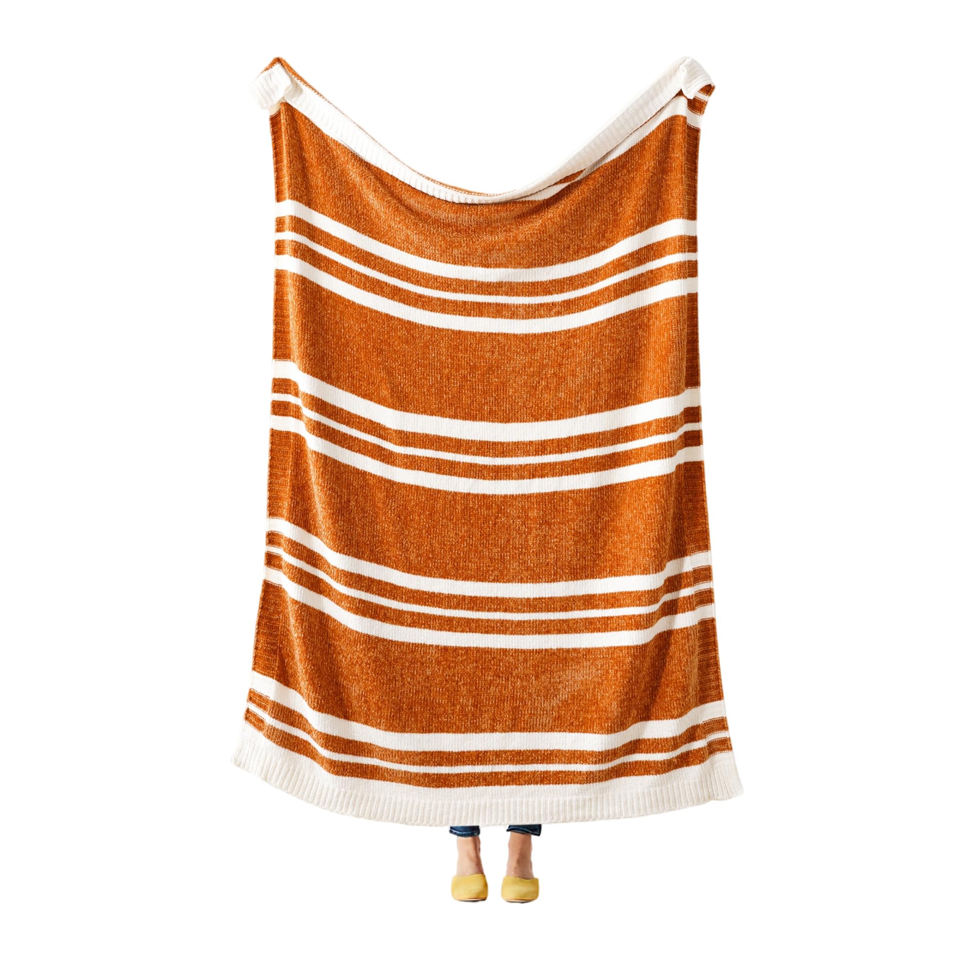 Burnt Orange & White Striped Throw Blanket for Couch, Chenille Knit Blanket