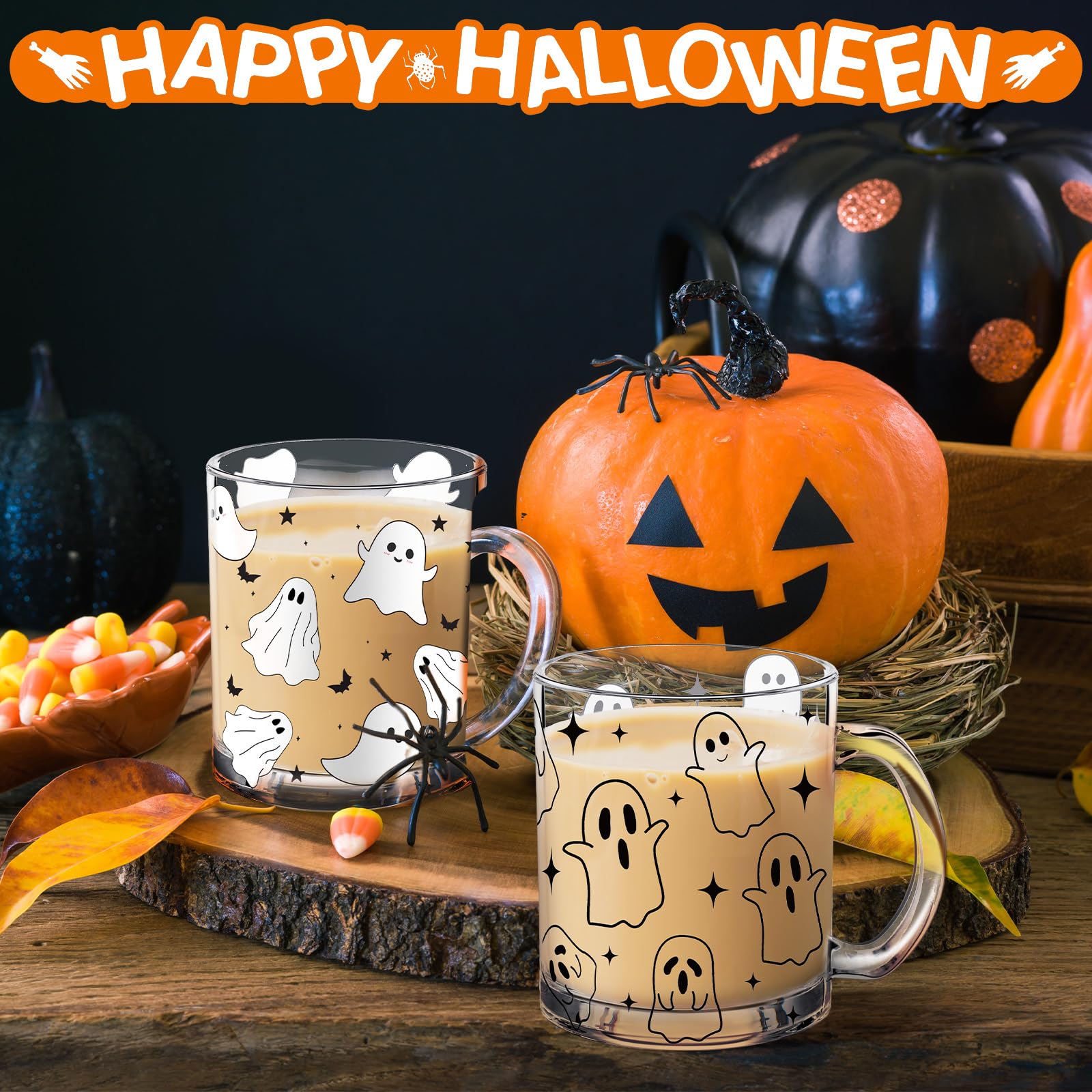 4 Pcs Halloween Ghosts Glass Coffee Mugs with Handle, 12oz