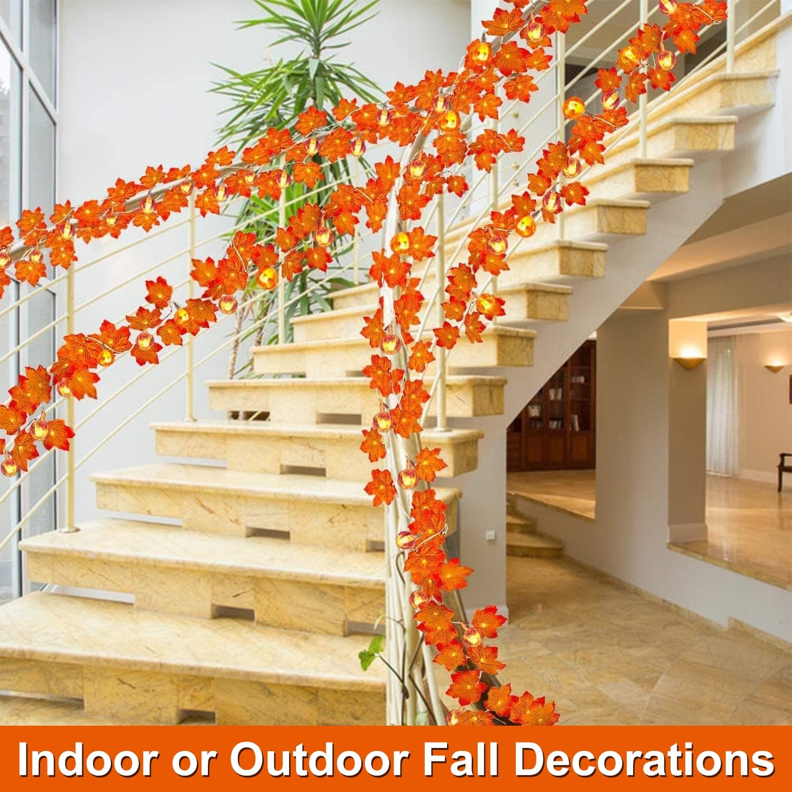 3 Pack Fall Garland with Pumpkin Lights & Enlarged Maple Fall String Lights