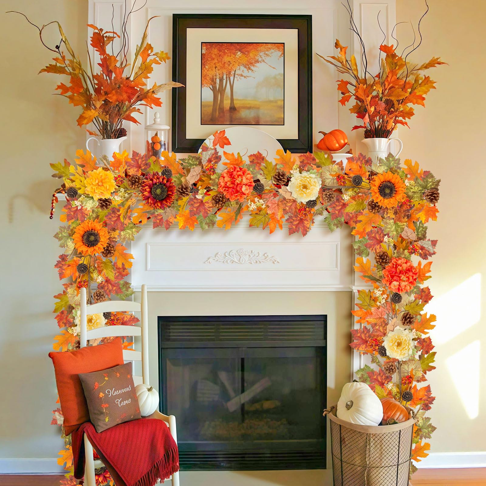 6ft Fall Garland with Lights, Sunflower, Hydrangea, Fall Leaves Indoor/Outdoor