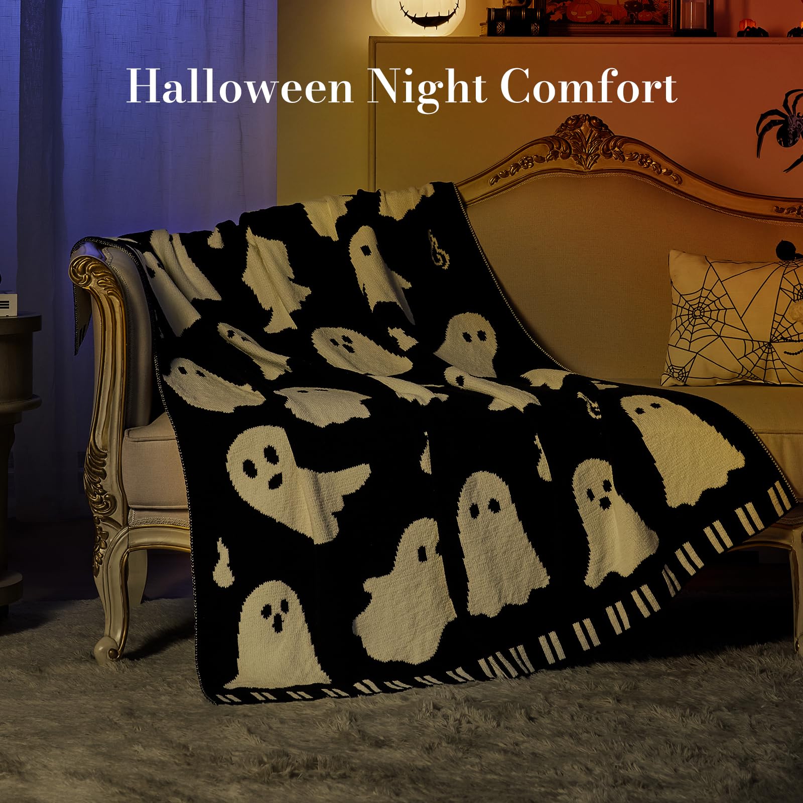 Halloween-themed blanket with ghost pattern draped over a chair in a cozy room.