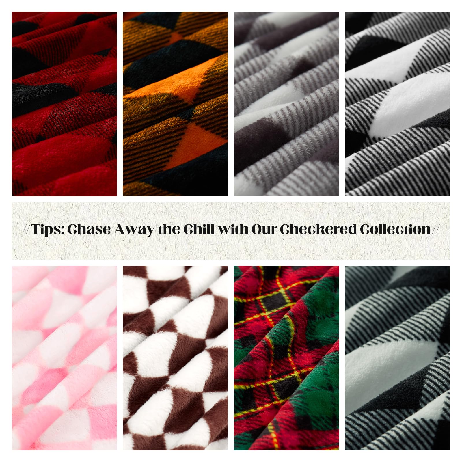 Collage of various checkered fabric patterns with promotional text.