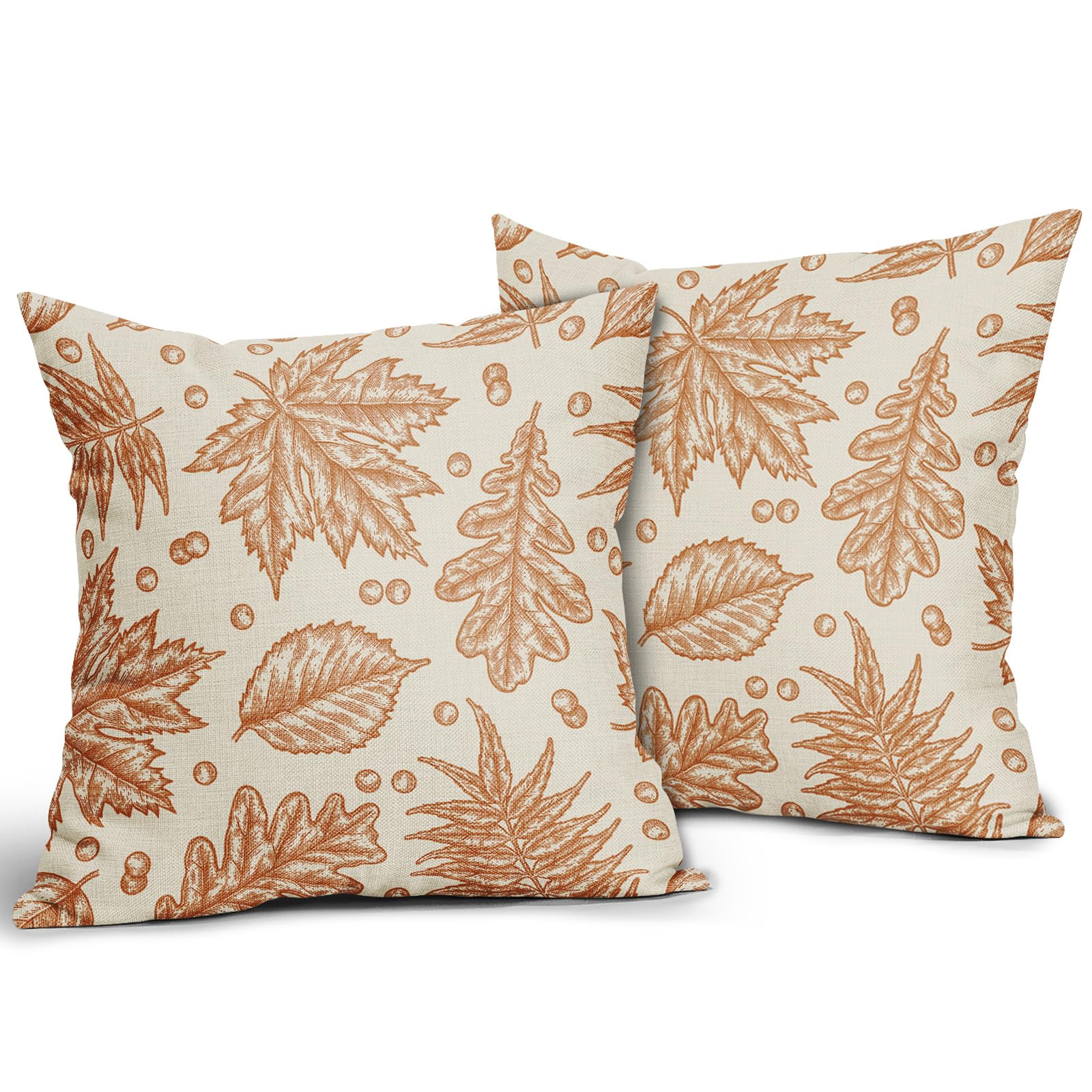 Set of 2 Burnt Orange Maple Leaf Autumn Harvest Print Pillow Covers