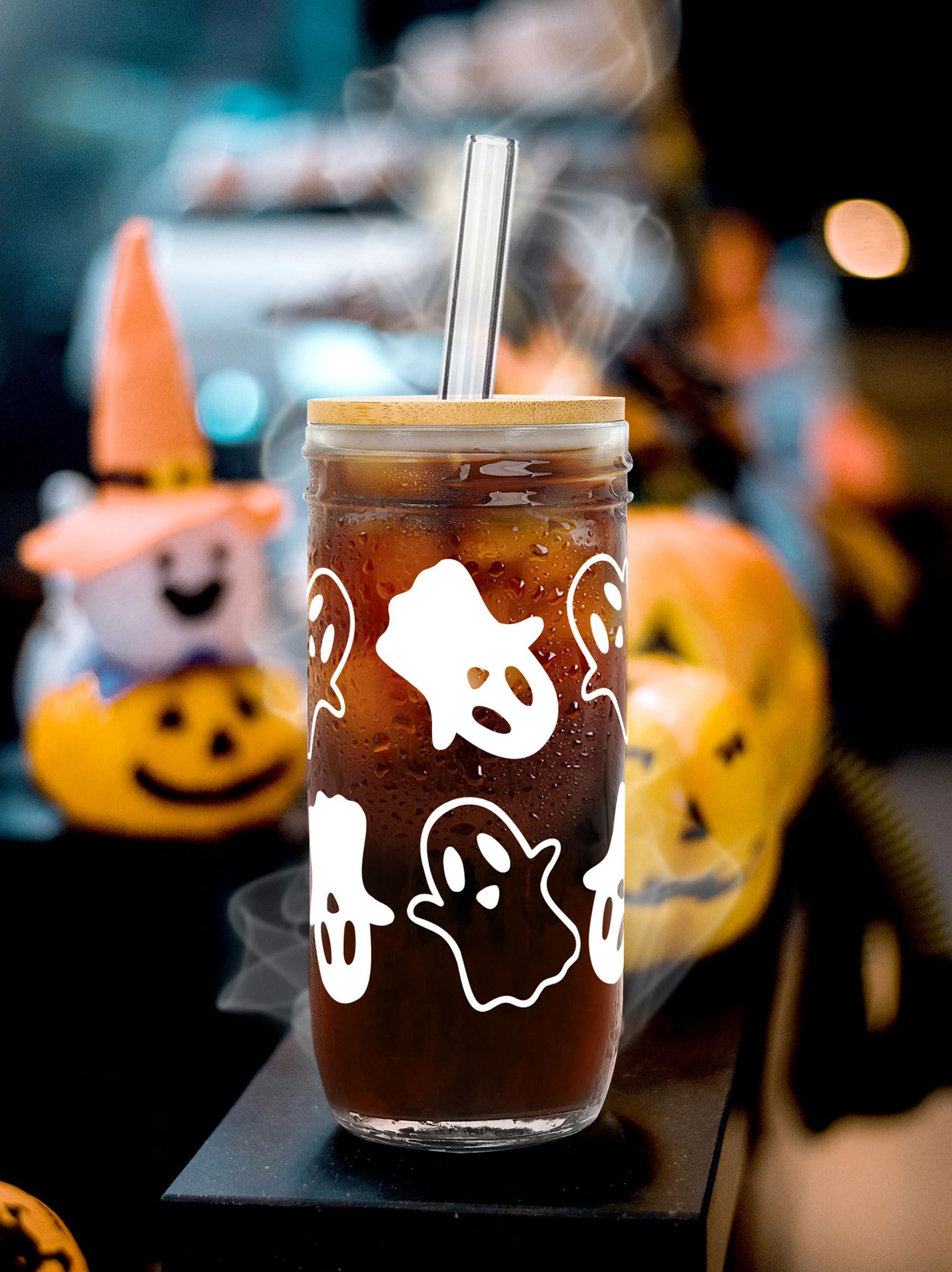 Ghost Halloween Cups, 24oz Glass Cups with Lids