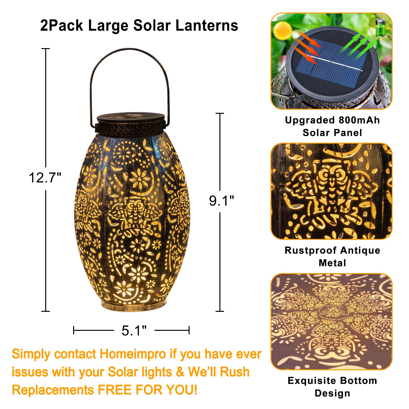 2-pack large solar lanterns with dimensions and features highlighted