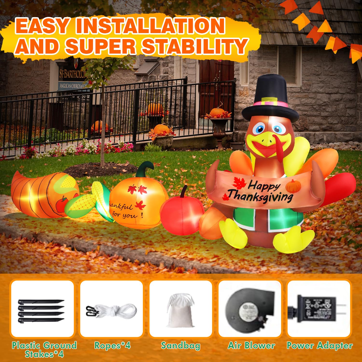 12FT Long Thanksgiving Inflatable Turkey with Pumpkins & Corn