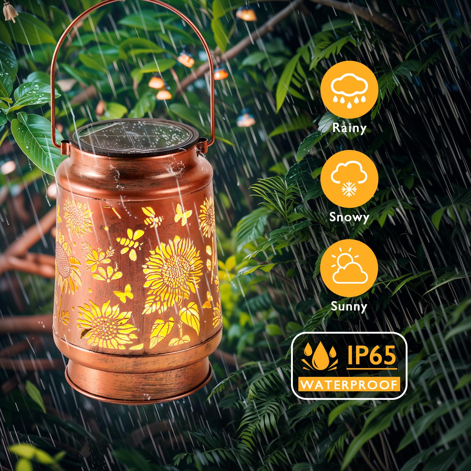 Copper lantern with floral design in rain, surrounded by greenery, with weather symbols and IP65 waterproof rating.
