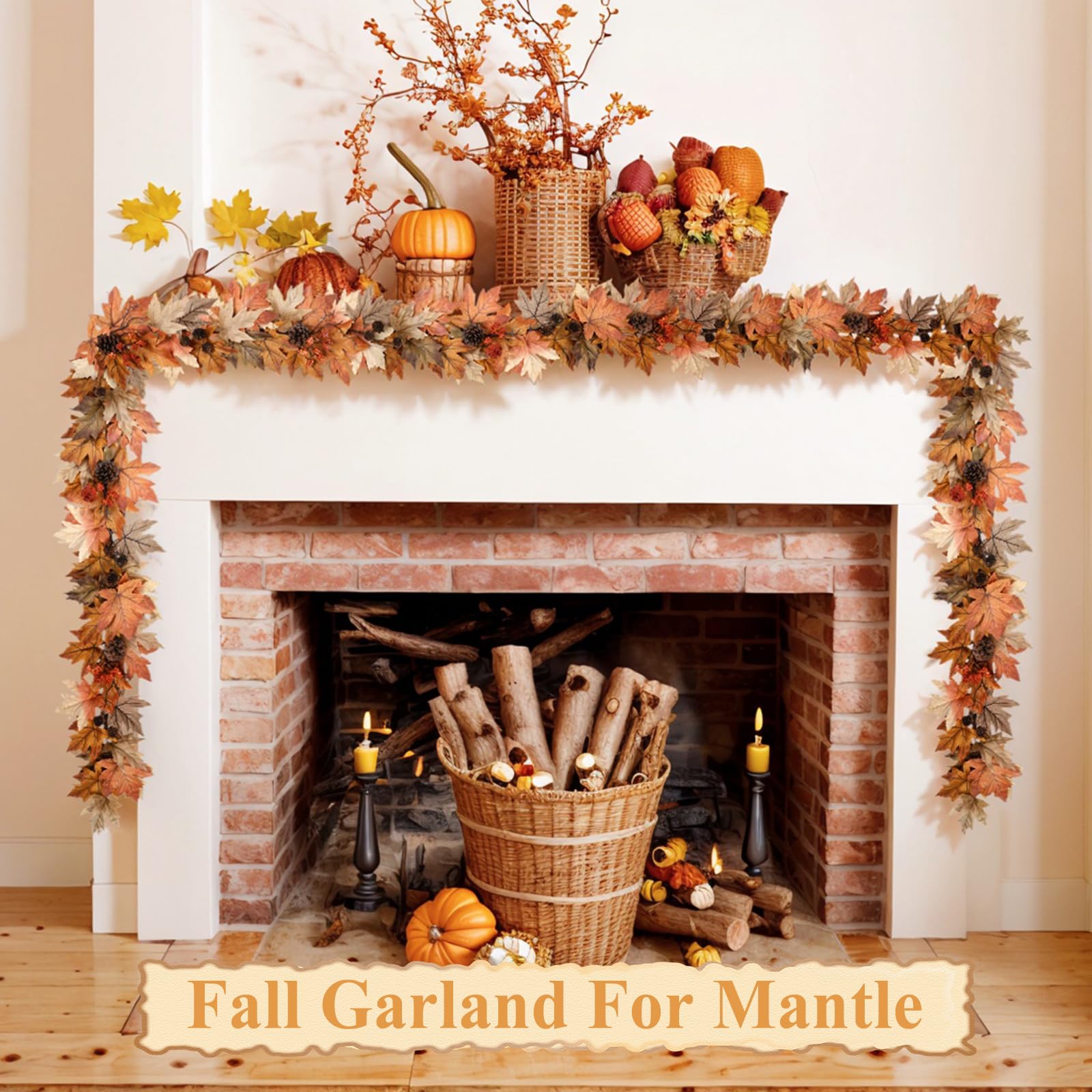 6 FT Fall Garland with Lights, Fall Leaves Garland with Berries & Pine Cones