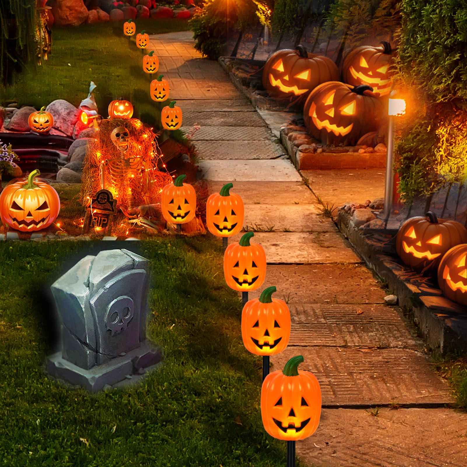 Set of 10 Halloween Pumpkin Stake Lights, Decorative Solar Pumpkin Lights