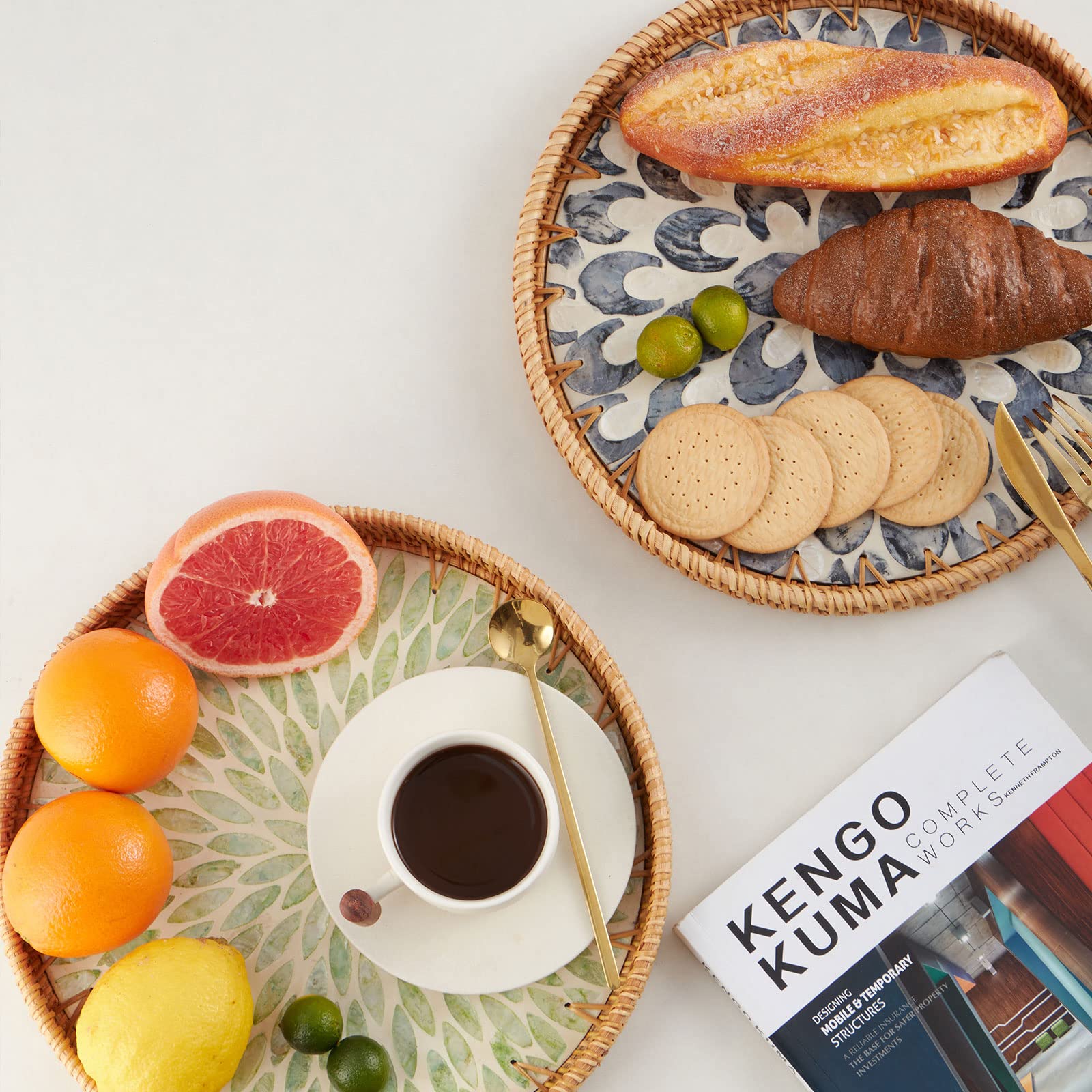 Round Rattan Tray with Pattern Inlay