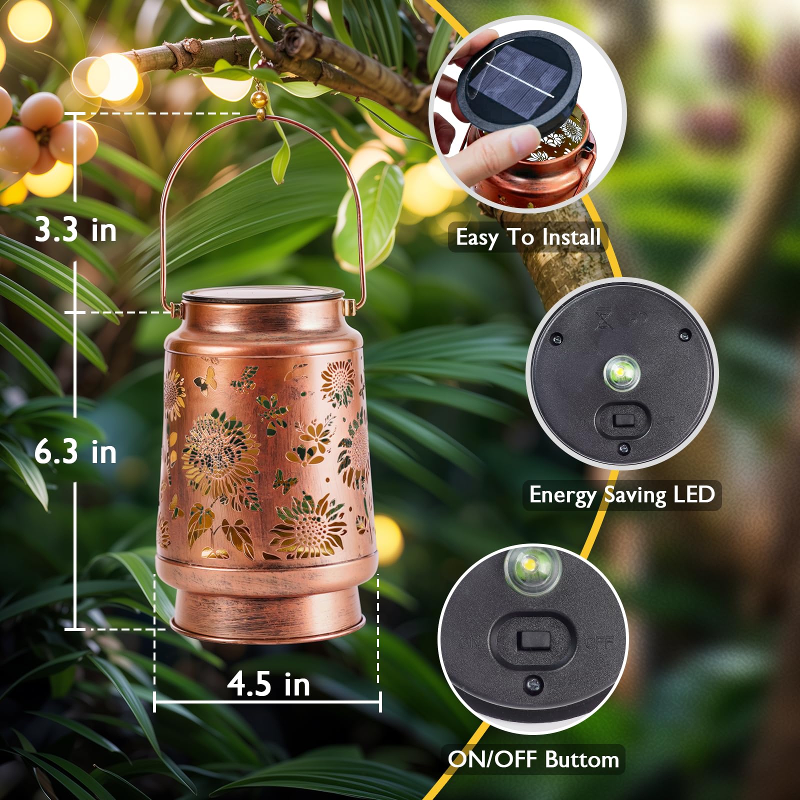 Copper lantern with solar panel and LED features, shown in a natural setting.