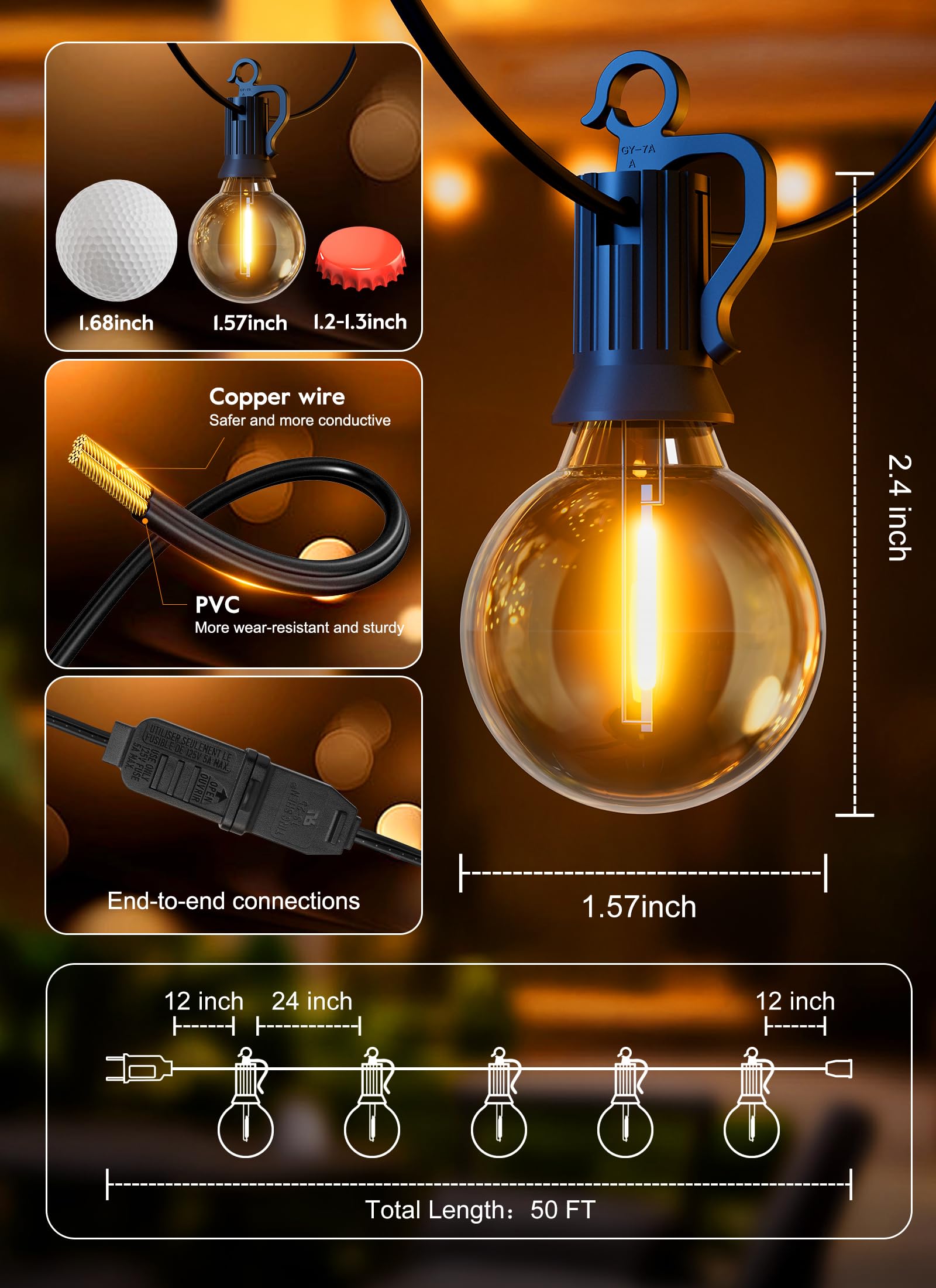 50FT 25 G40 Bulbs Patio Lights, IP65 Waterproof & Dimmable