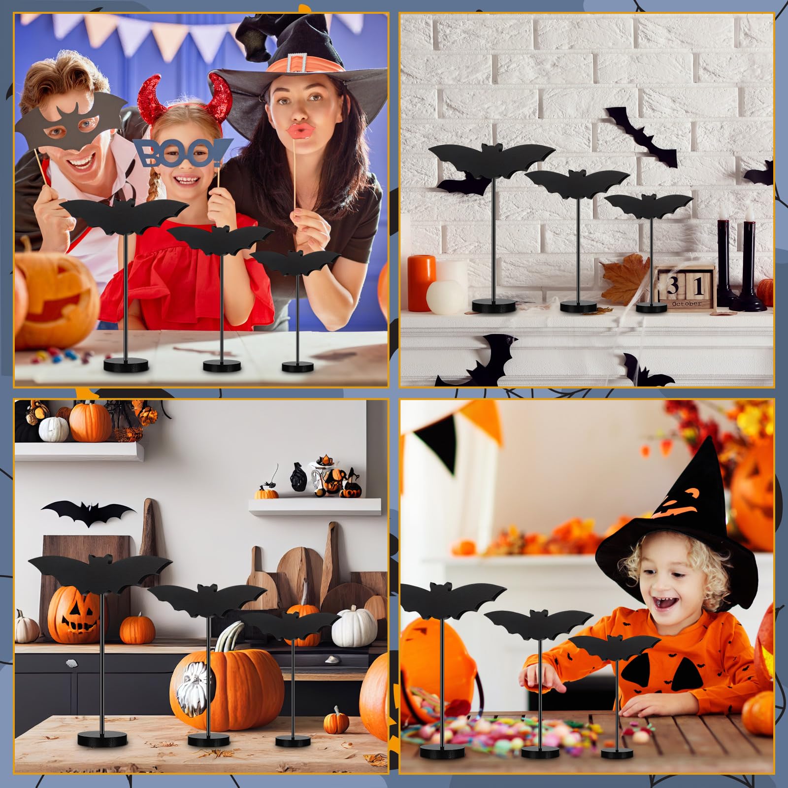 6 Pieces Halloween Table Decorations Tall Standing Bat Decor Wood Sign Block