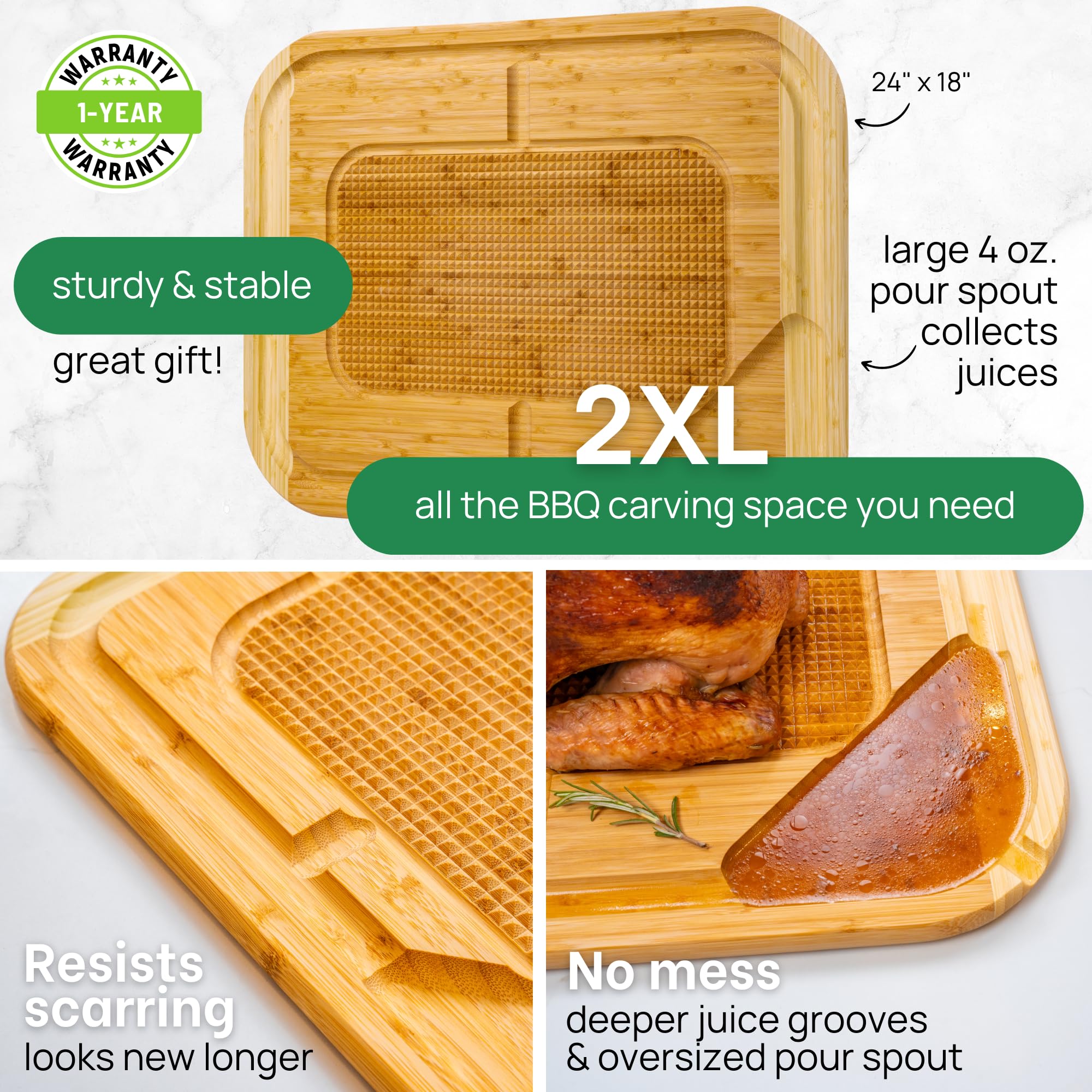 GREENER CHEF 24 Inch 2XL Meat Carving Board with Lifetime Replacements, Turkey Platter for Holidays, Wooden Chopping Boards, Butcher Block Wood Meat Cutting Board with Pour Spout