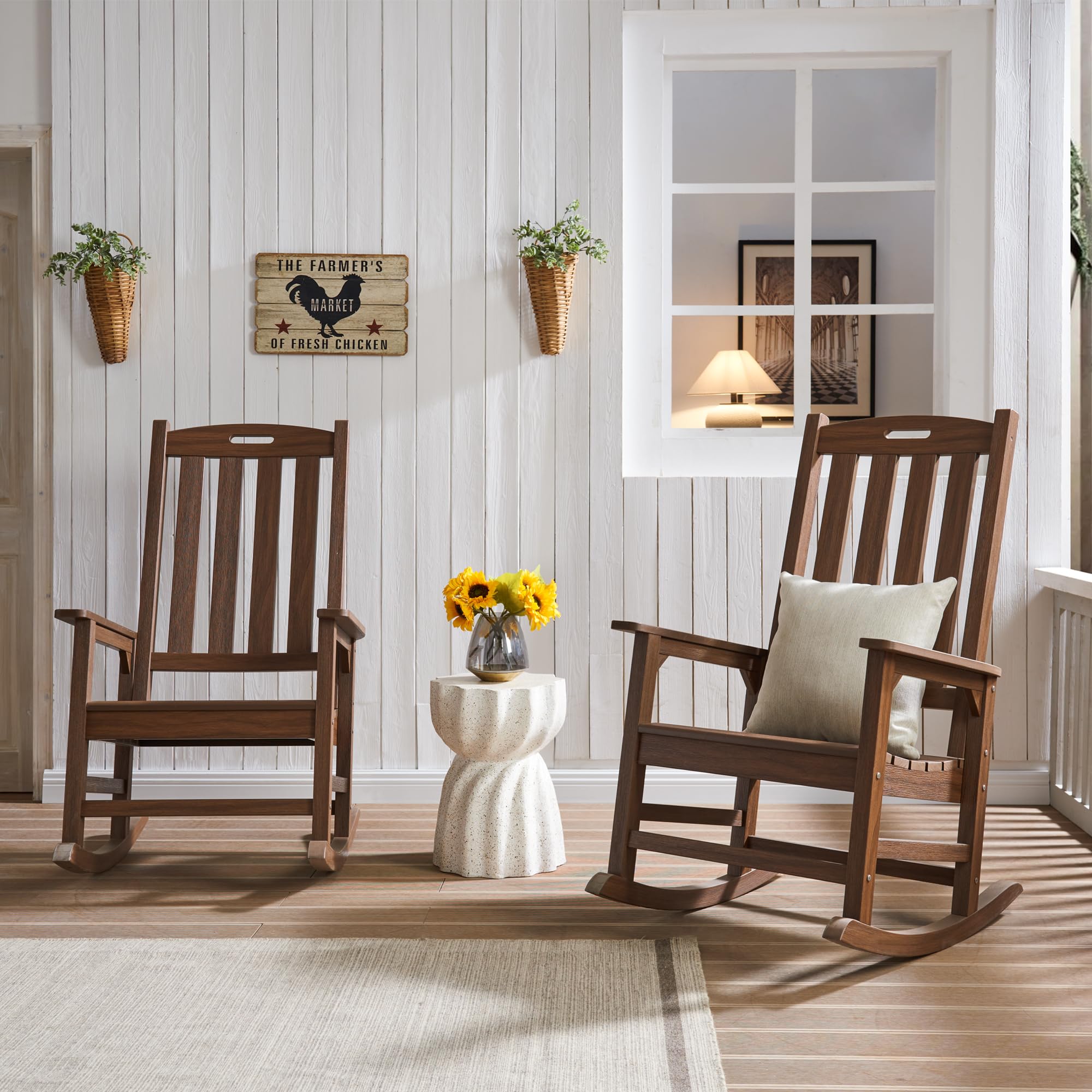 set of two brown sustainable outdoor rocking chairs