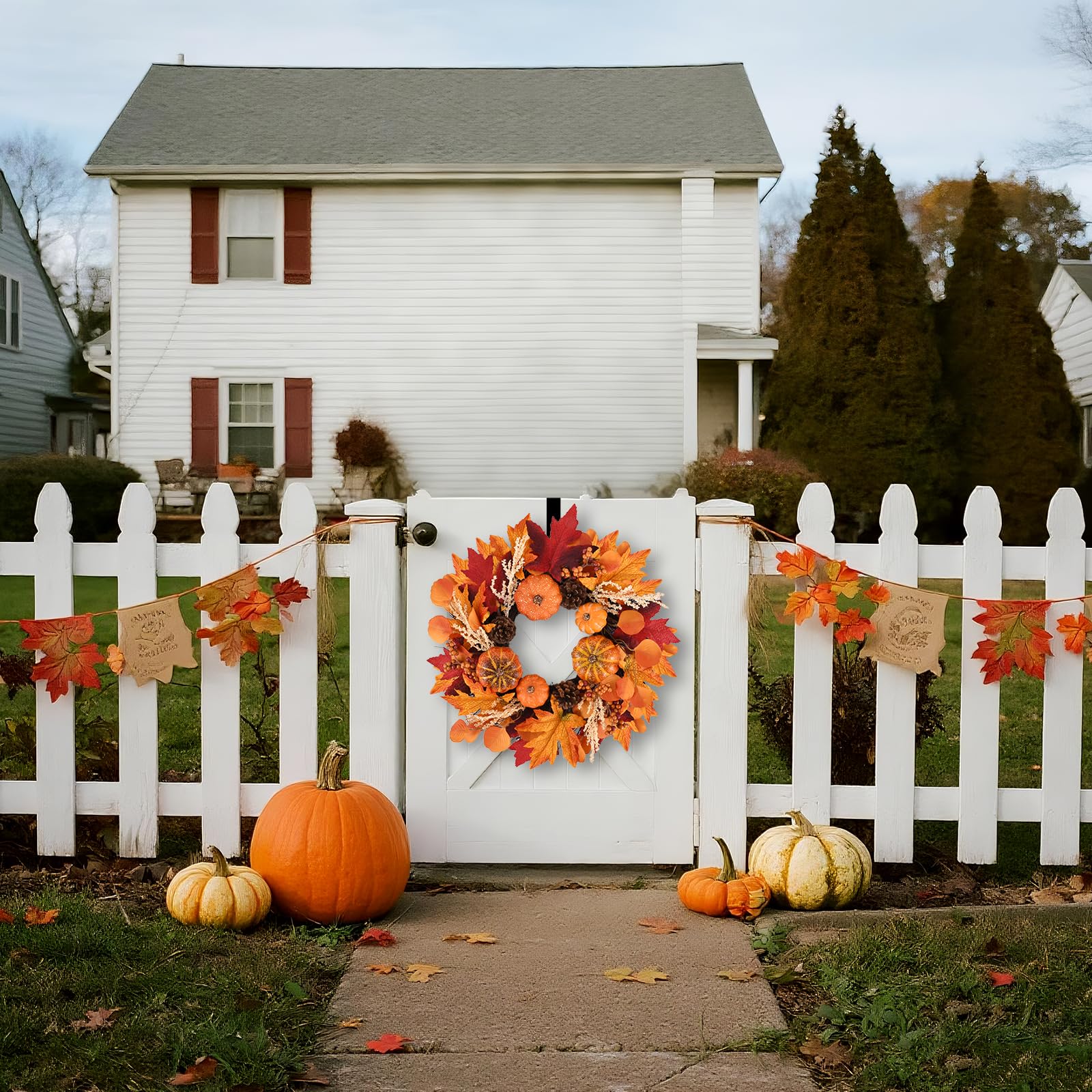 20 Inch Fall Wreath Decoration Leaf Pumpkin Pine Cone Berry Indoor/Outdoor