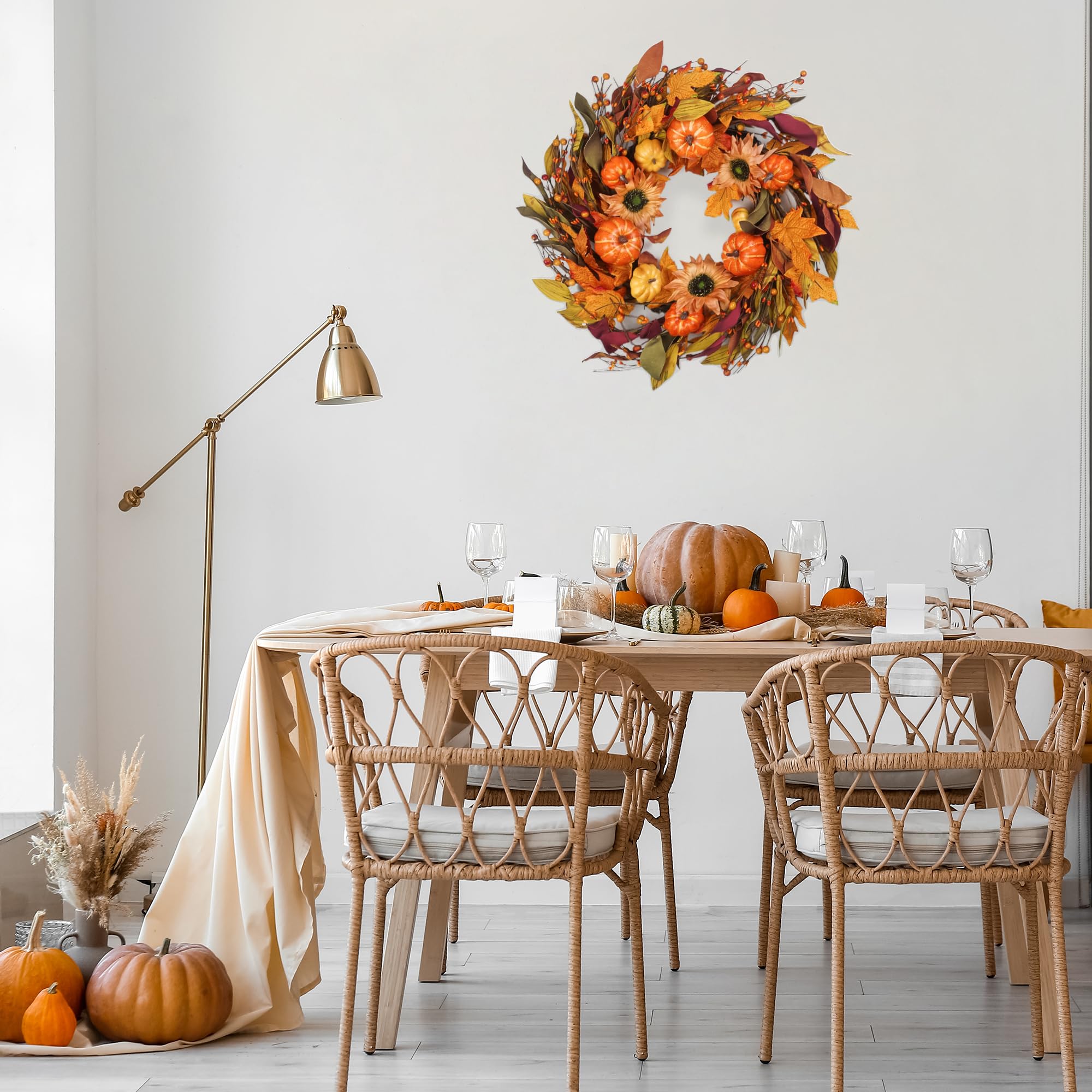 22 Inch Autumn Wreath with Berry, Pumpkin & Maple Leaves Indoor/Outdoor