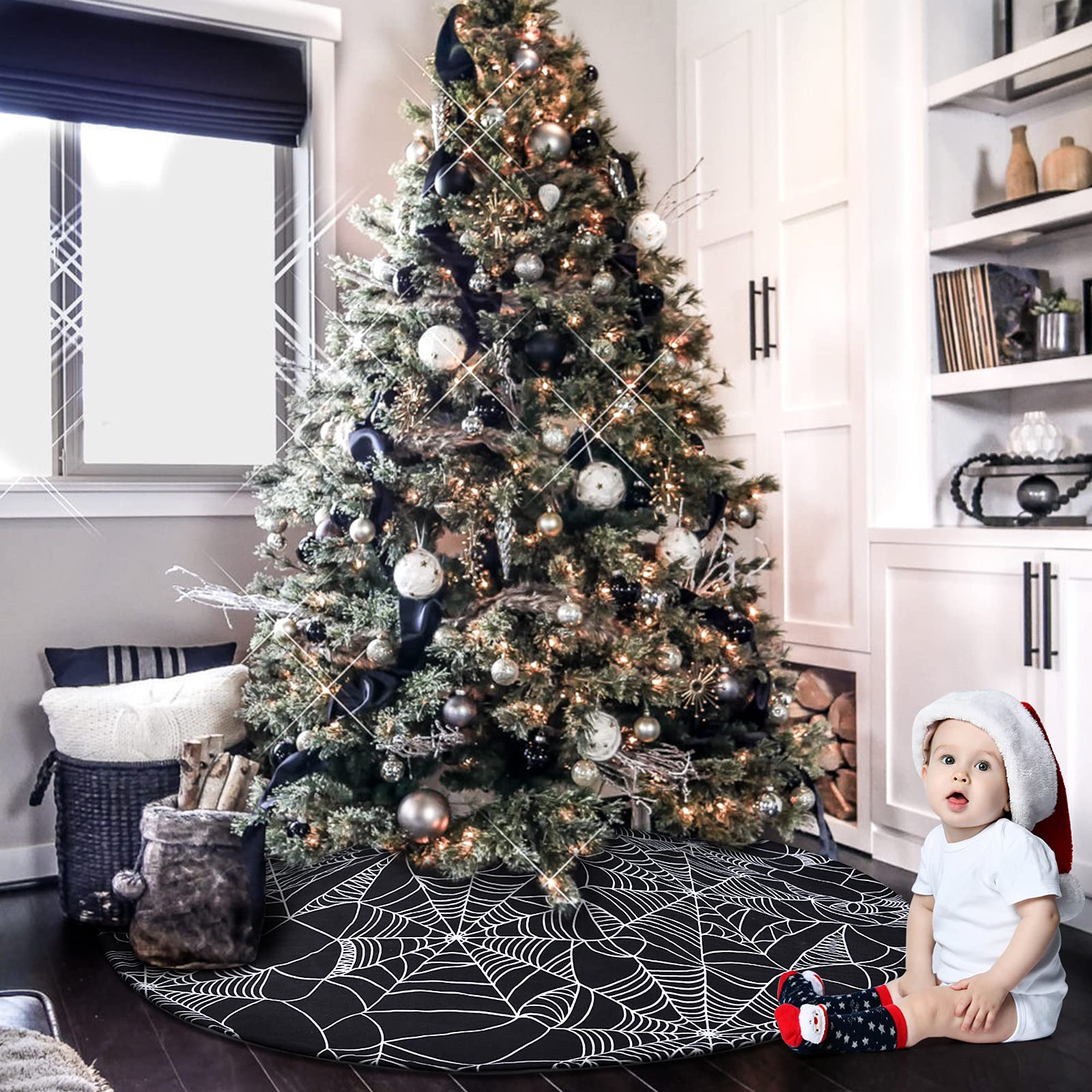 48” Spider Web Tree Skirt,  Black Halloween Tree Skirt for 6-7.5 ft Tree