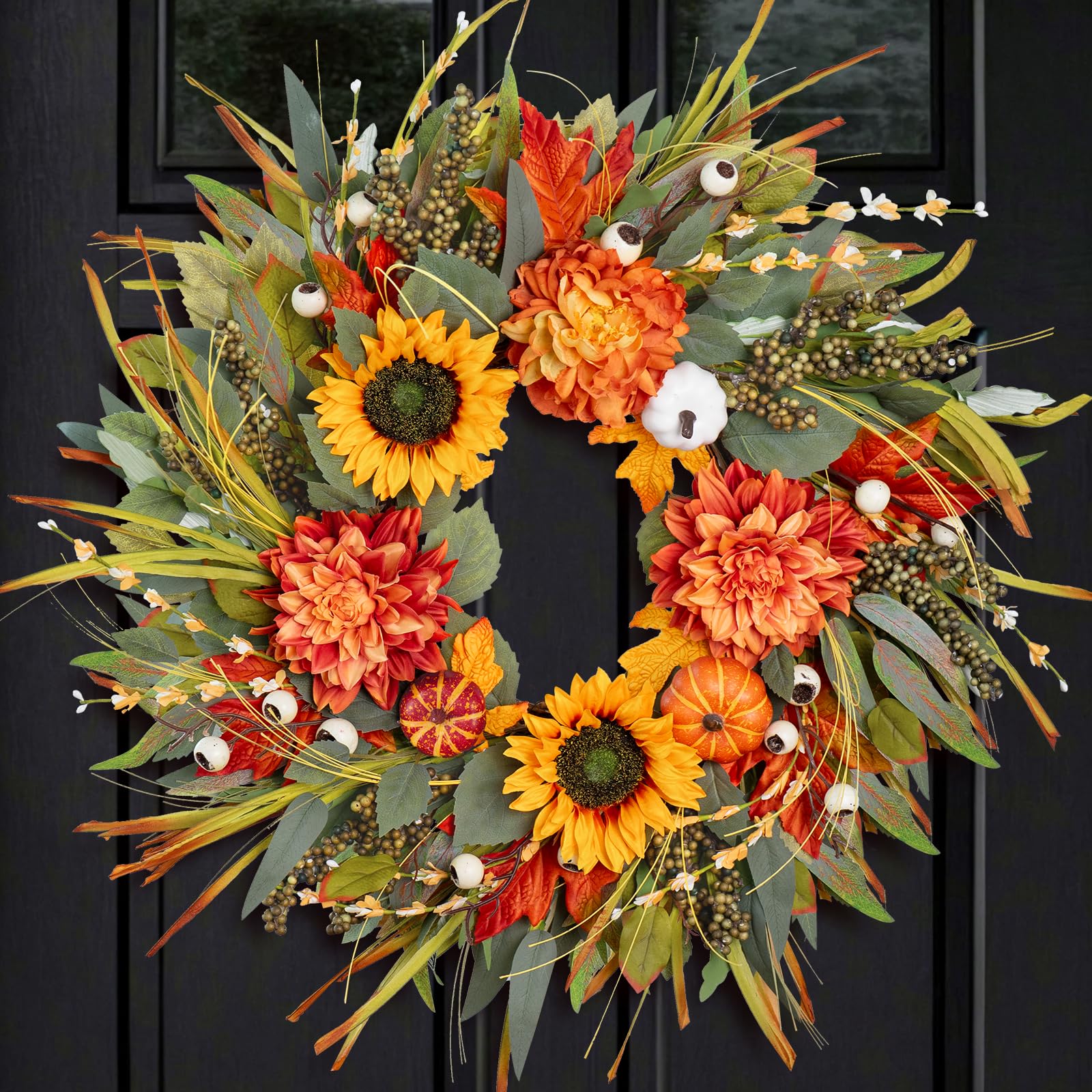 24 Inch Fall Wreath with Pumpkins, Sunflowers & Berries Indoor/Outdoor