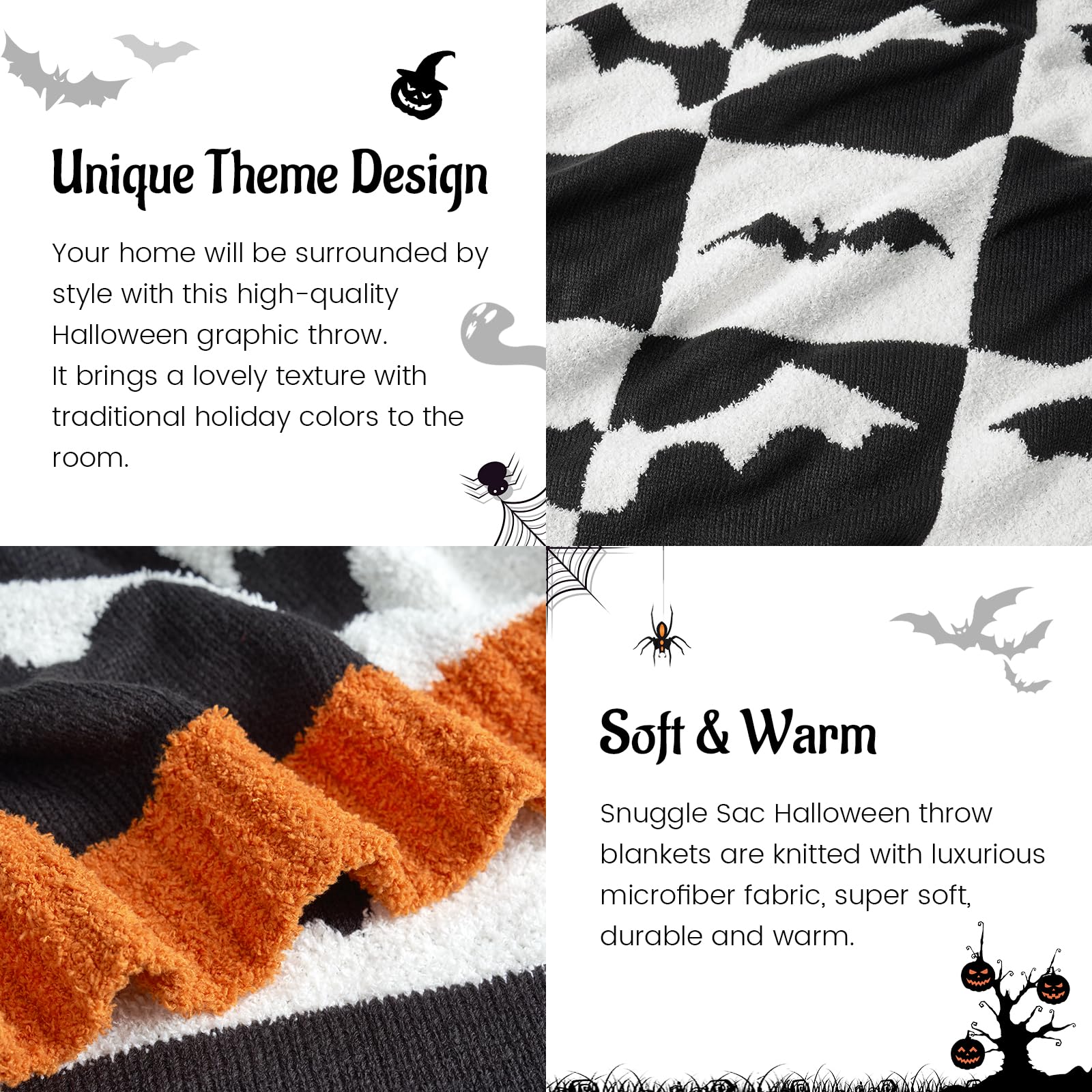 Halloween-themed throw blanket with bats, featuring text about its unique design and softness.