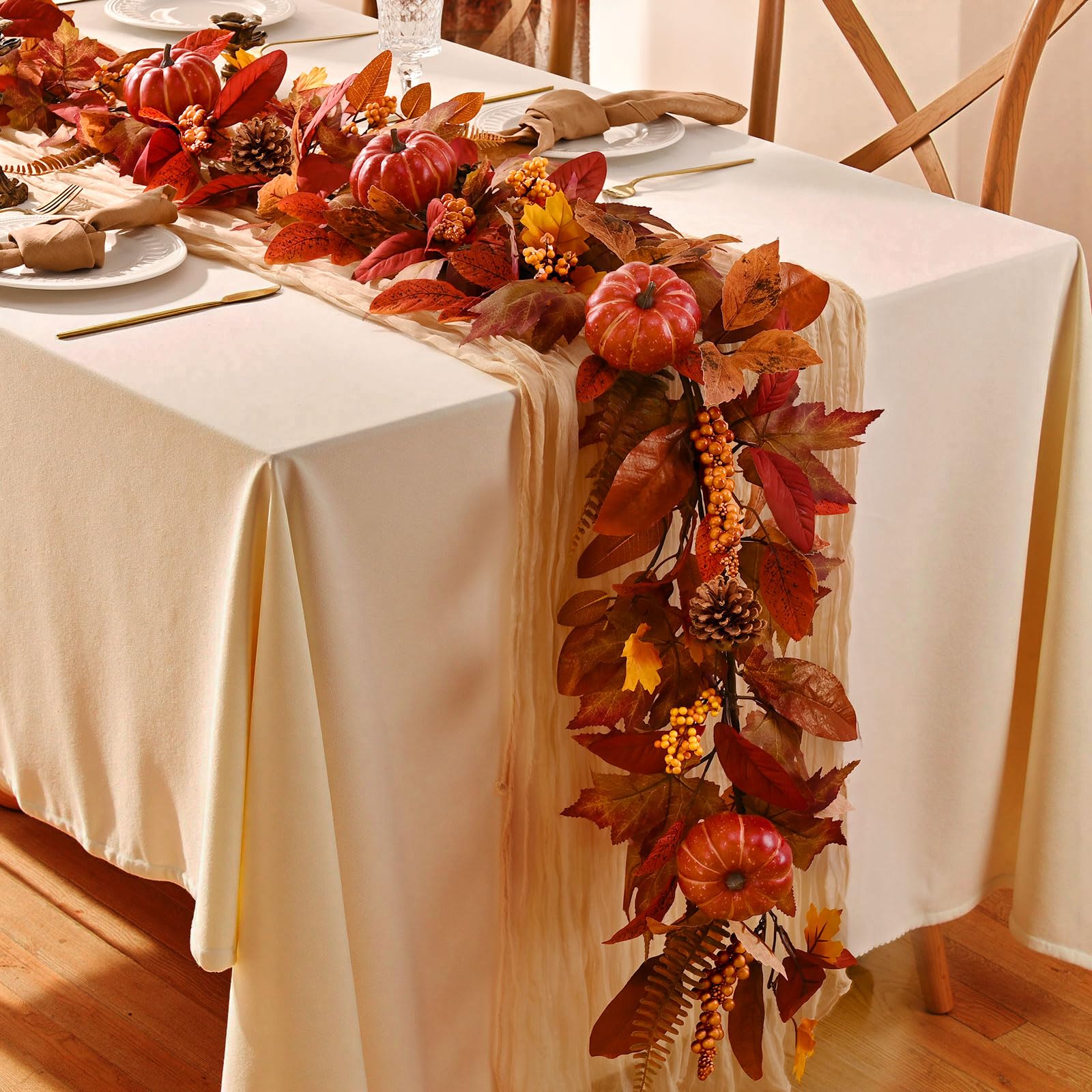 1 Pc 6 FT Fall Garland with Lights, Artificial Autumn Leaves & Pumpkin Vine