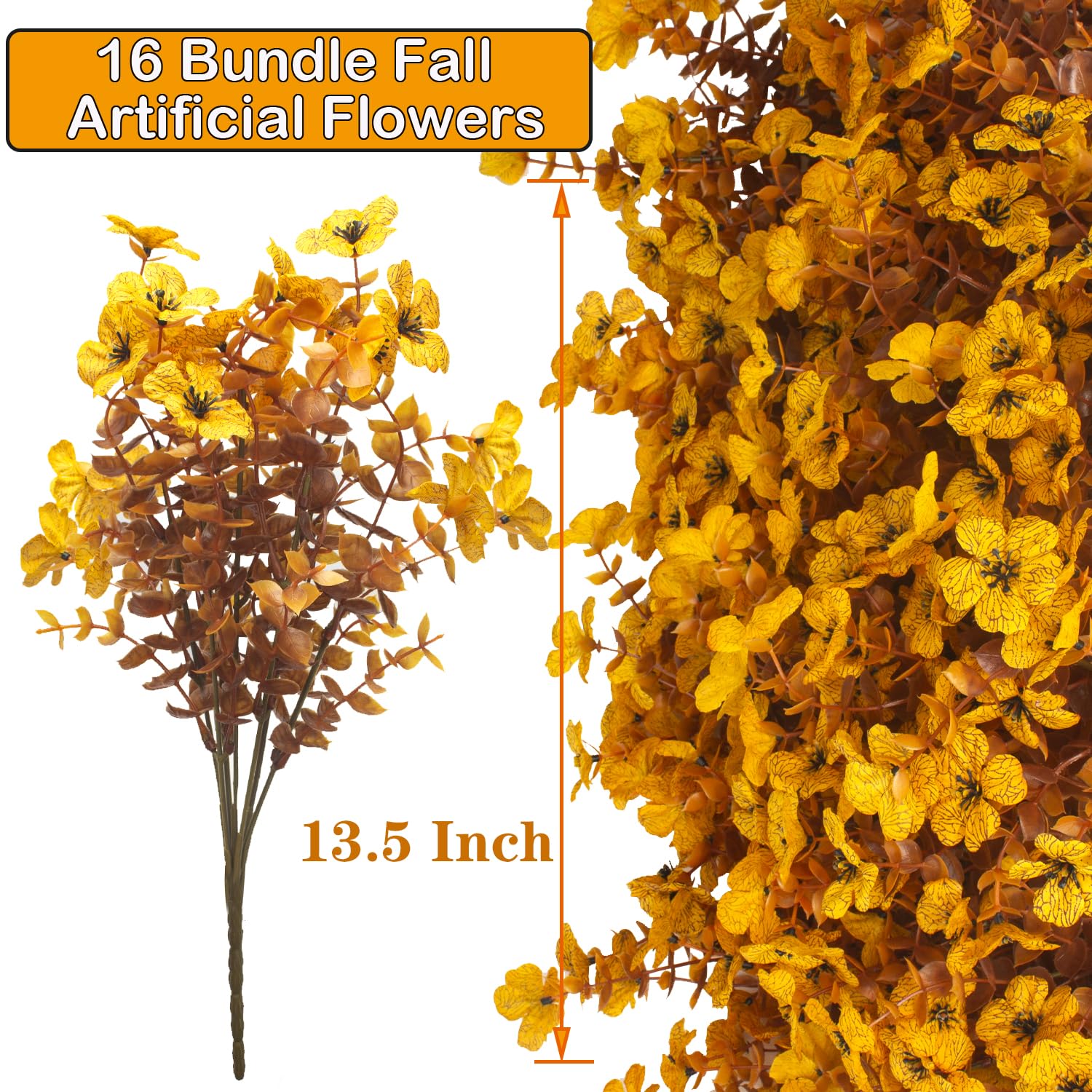 16 Bundles Fall Yellow Artificial Fall Mums Outdoor UV Resistant Fake Silk Plants