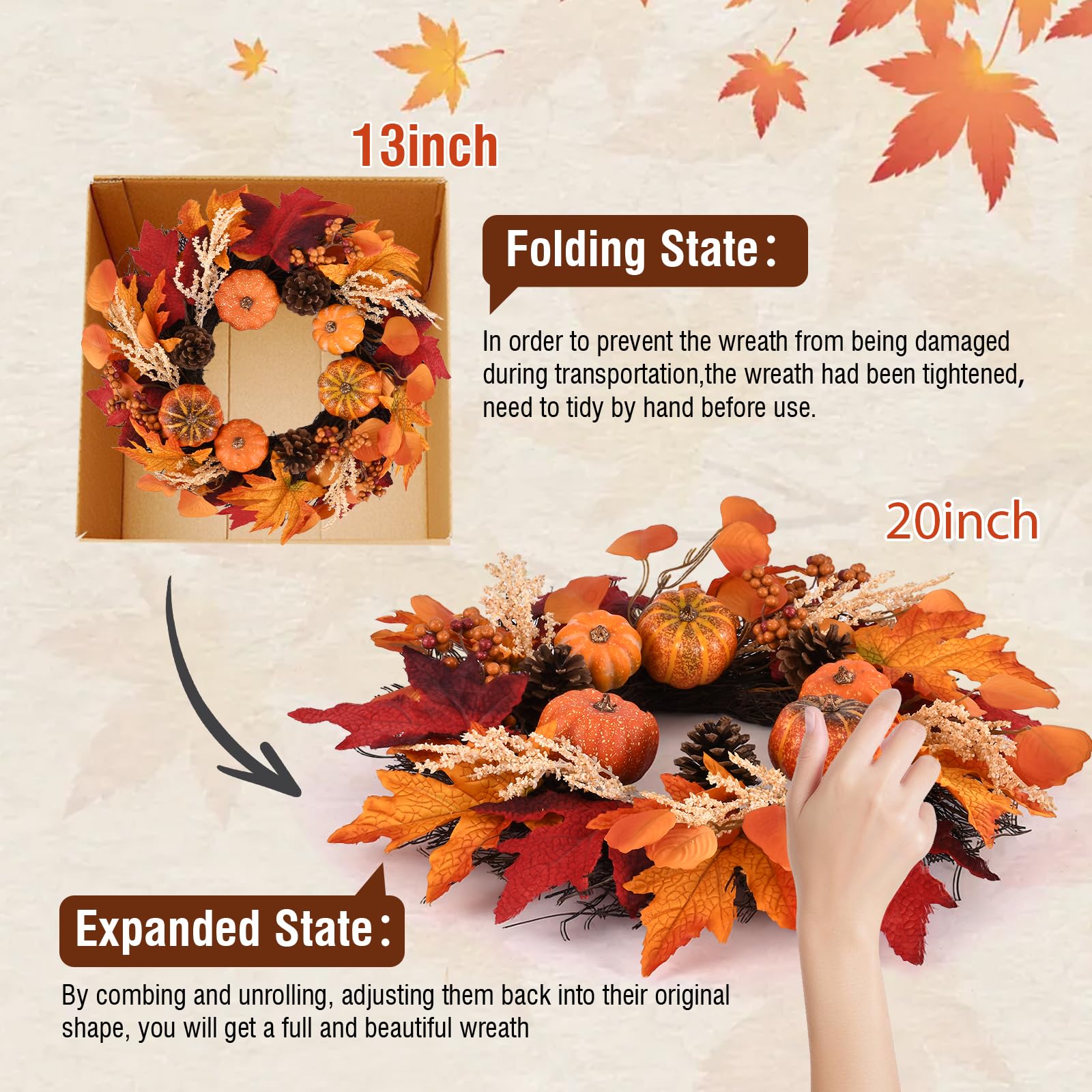 20 Inch Fall Wreath Decoration Leaf Pumpkin Pine Cone Berry Indoor/Outdoor