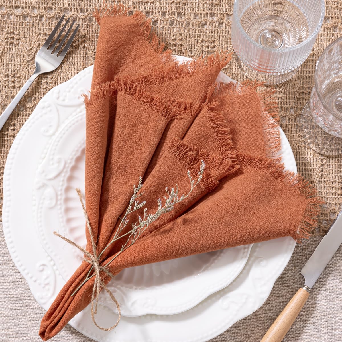 Handmade Cloth Napkins with Fringe (Set of 10, Terracotta)