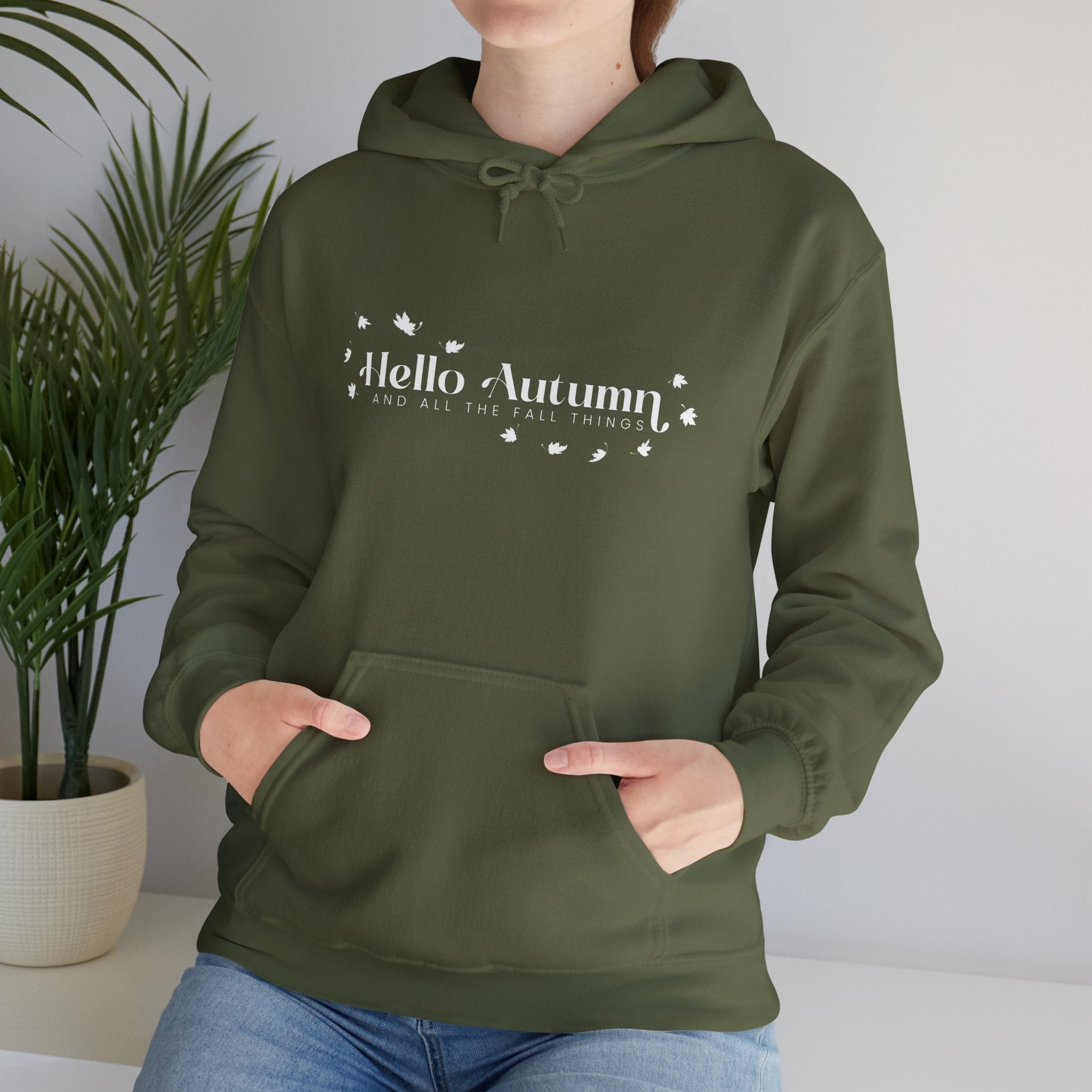 Hello Autumn And All The Fall Things Olive Green Hooded Sweatshirt