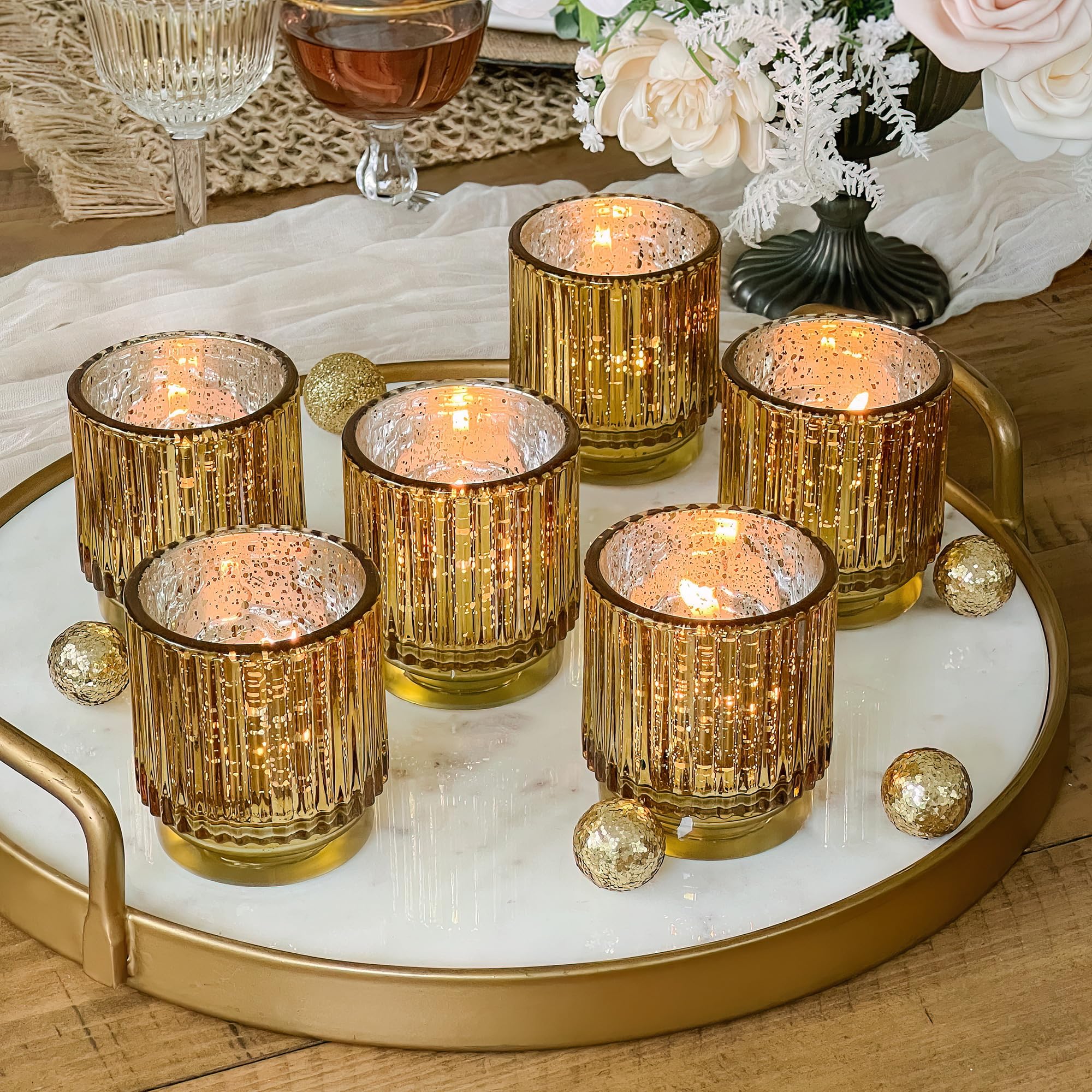 Gold Vintage Ribbed Glass Tealight Votive Candle Holders (Set of 6)