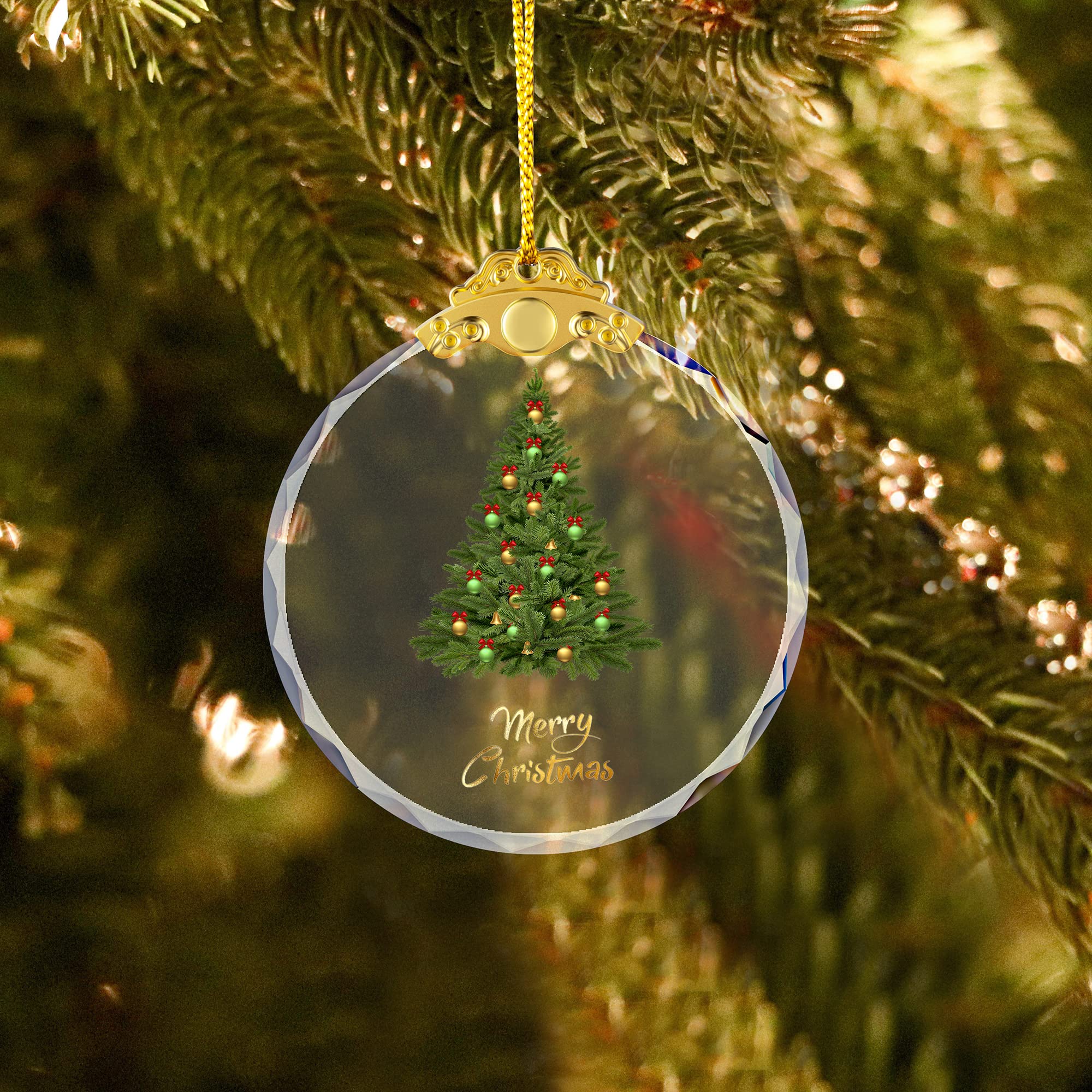 Crystal ornament with Christmas tree design and Merry Christmas in gold