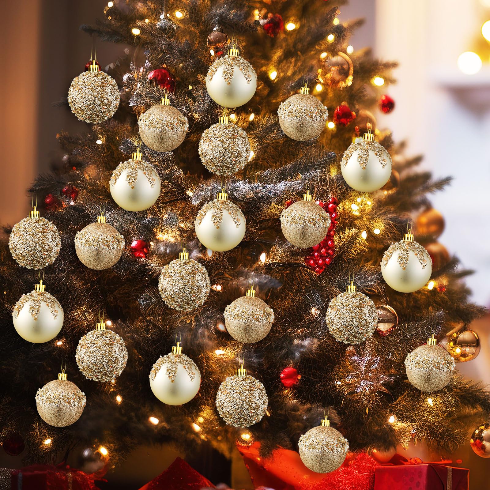 12 Pieces Glitter Christmas Ball Ornaments (Champagne Gold, 2.36 Inch)