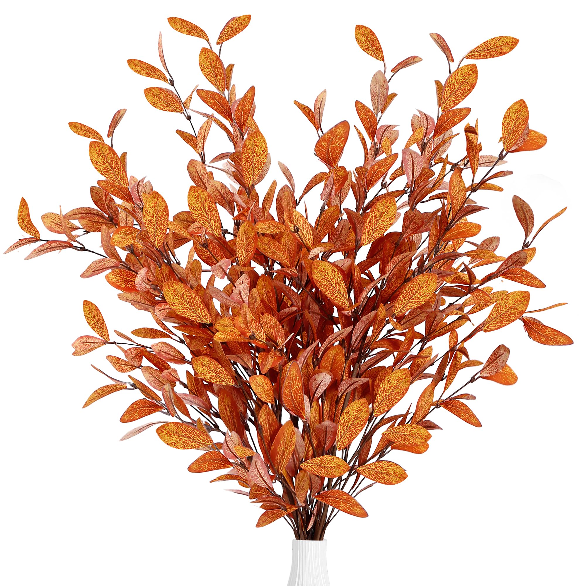 6 Pcs Orange Artificial Fall Eucalyptus Stems Silk Autumn Leaf Branches