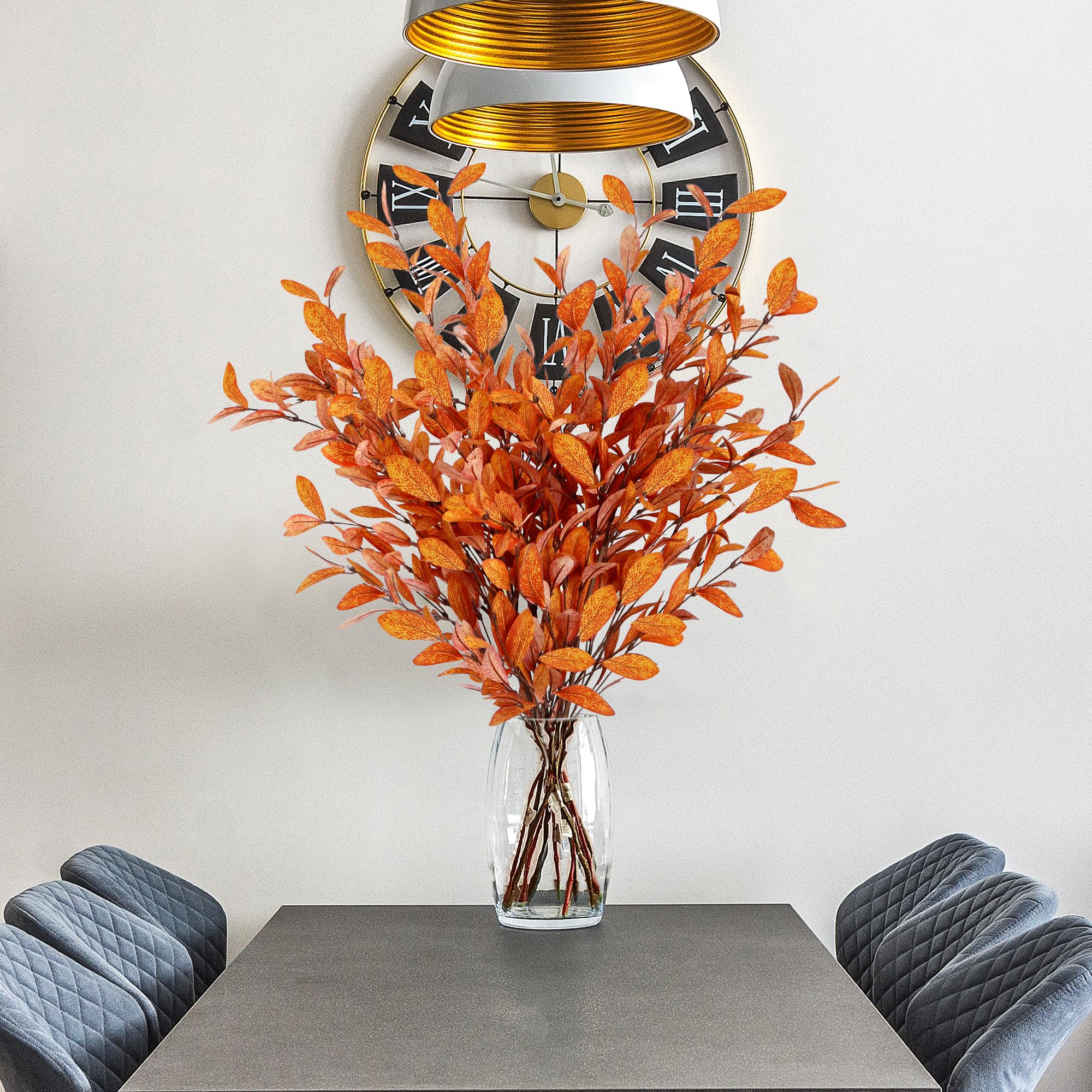 6 Pcs Orange Artificial Fall Eucalyptus Stems Silk Autumn Leaf Branches