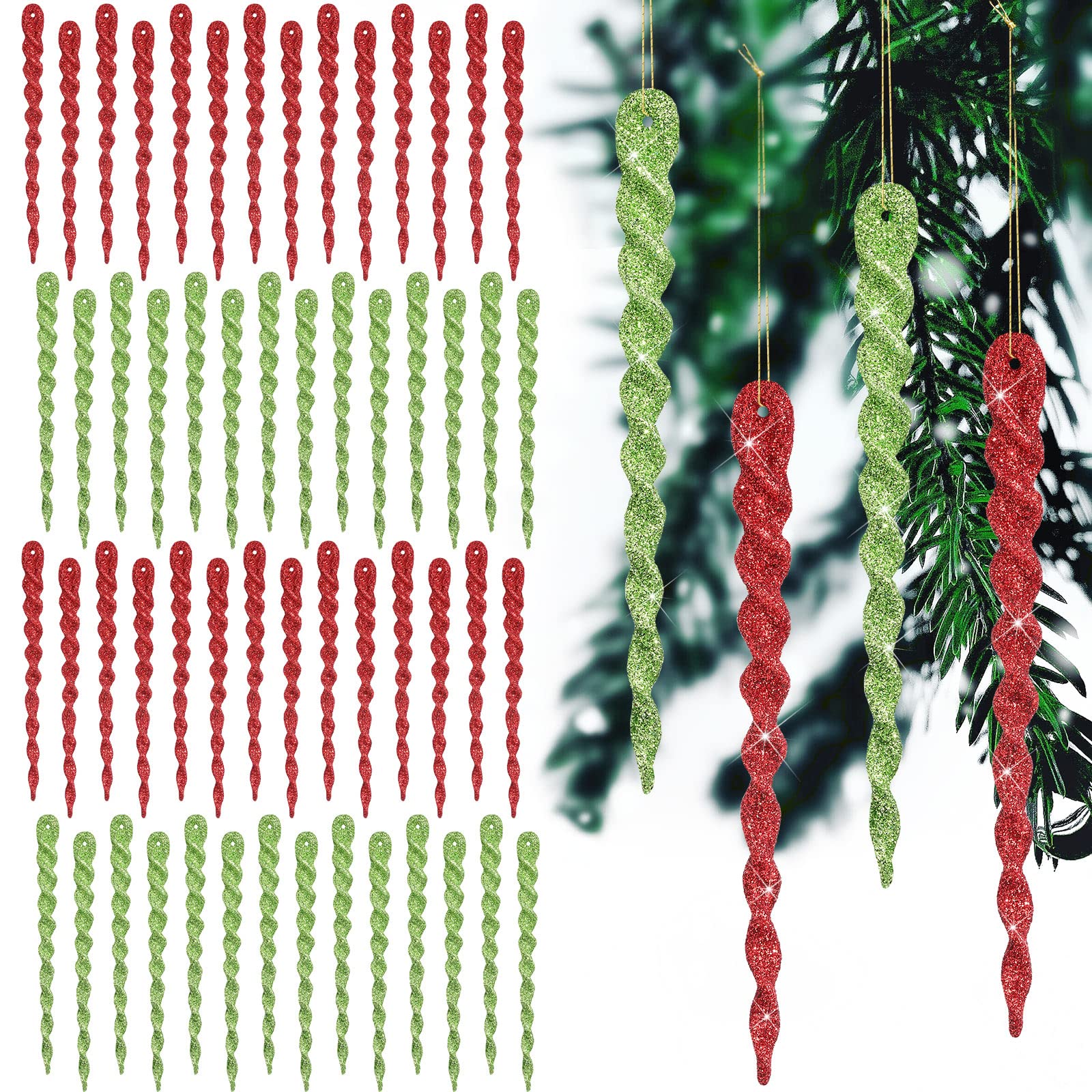 60 Pcs Red and Green Twisted Icicle Ornament Christmas Tree Decorations