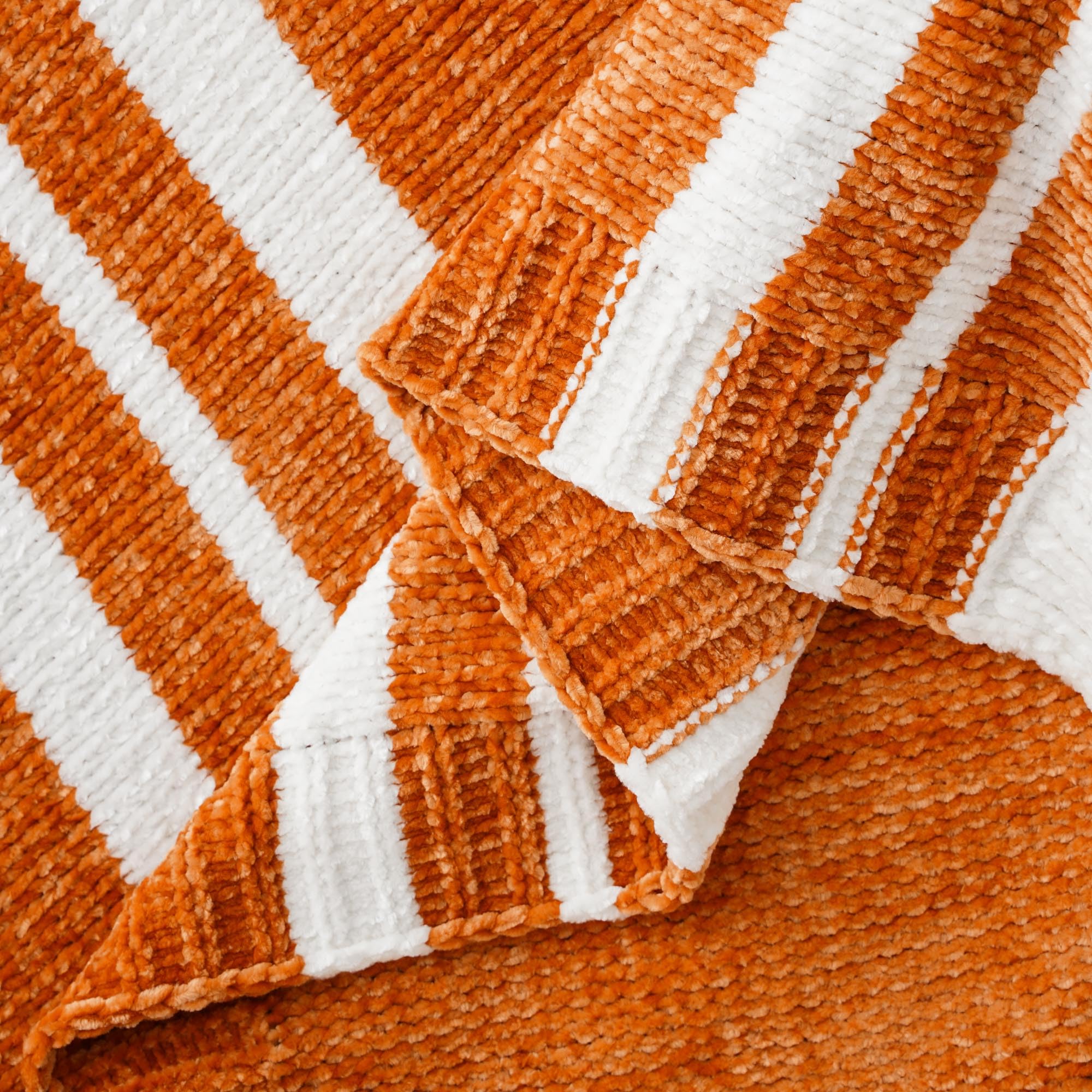 Burnt Orange & White Striped Throw Blanket for Couch, Chenille Knit Blanket