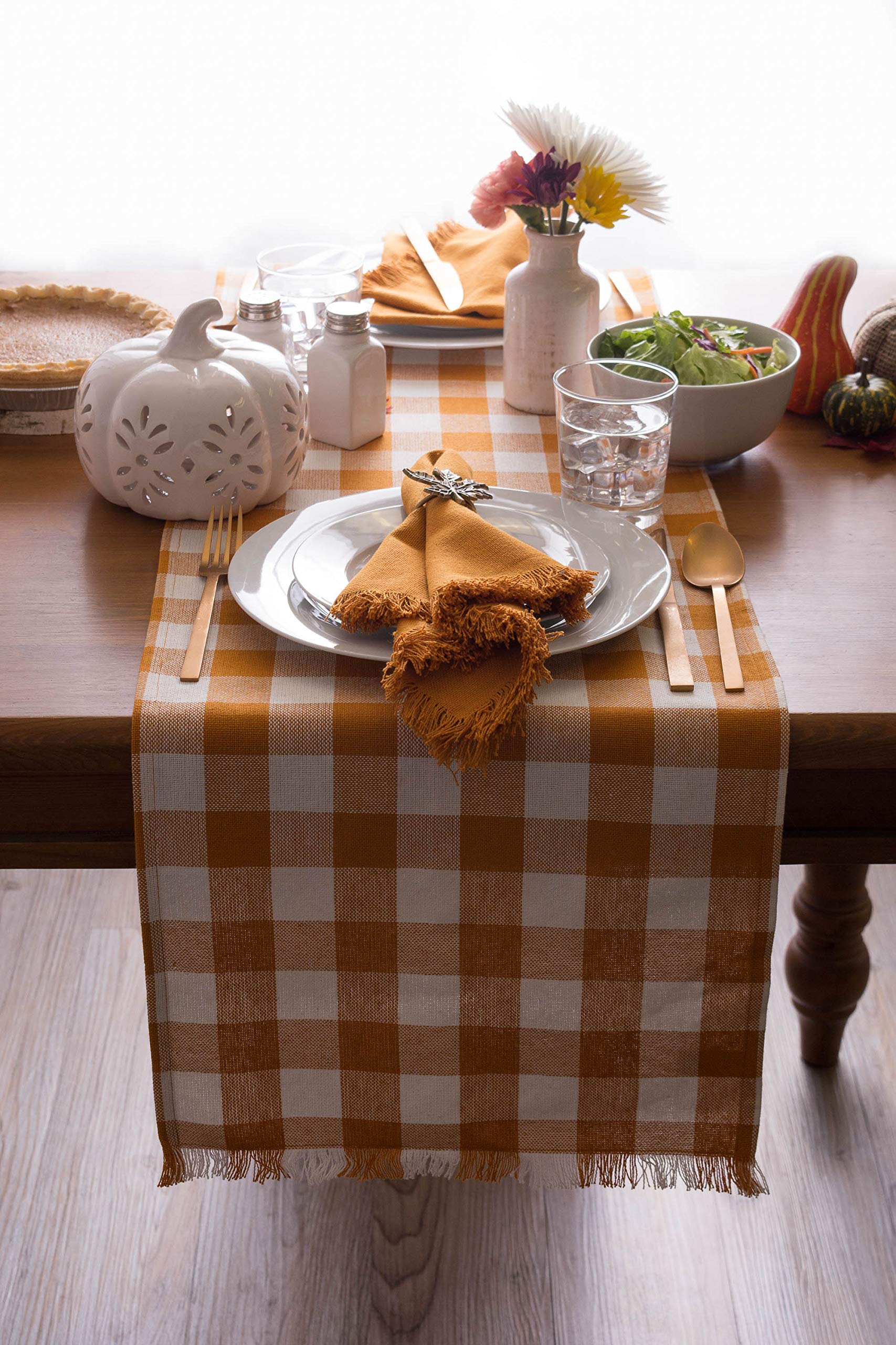 Heavyweight Fringed Check Tabletop Table Runner, 14x108, Pumpkin Spice