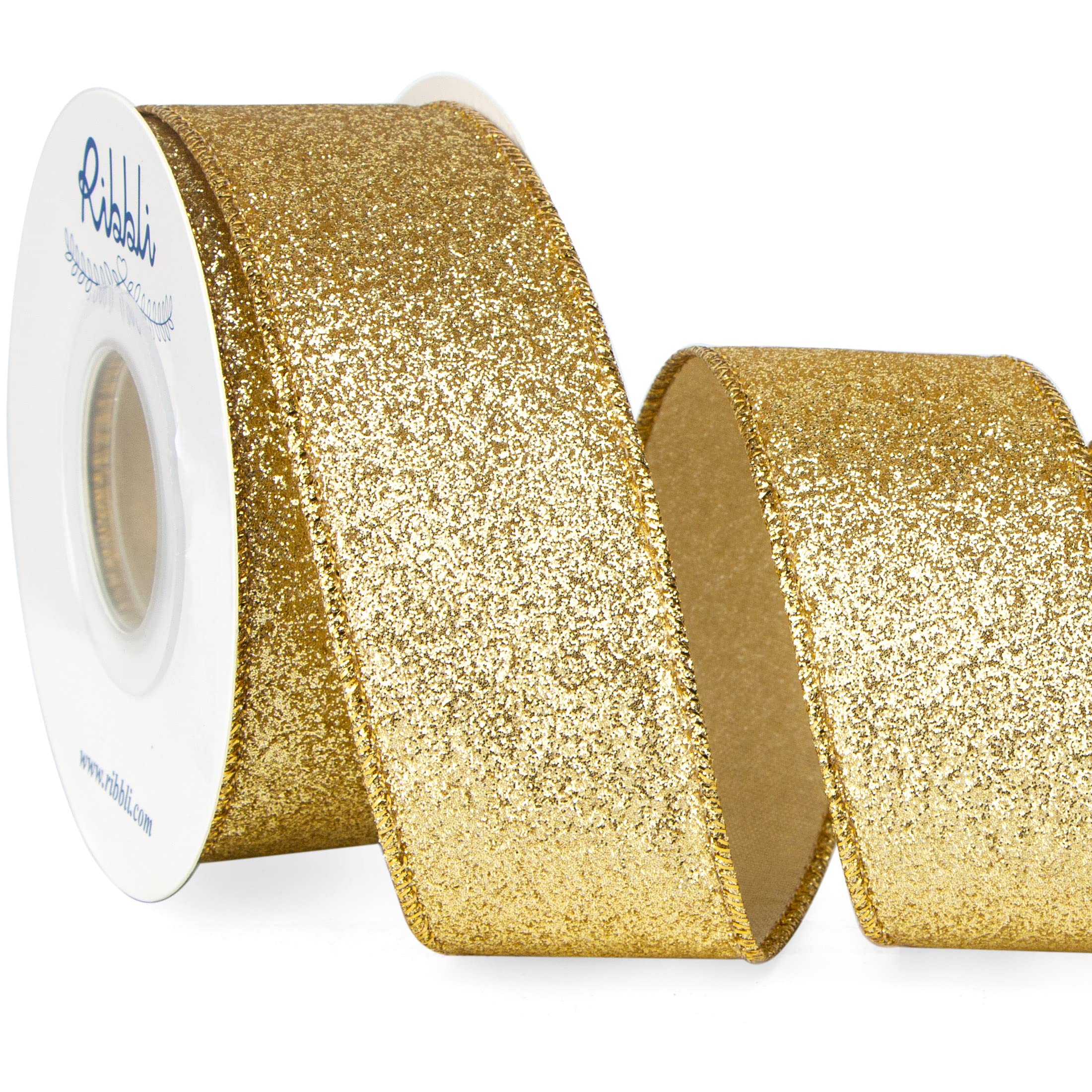 Gold Glitter Wired Ribbon, Metallic Edge, 1-1/2 Inch x 10 Yards