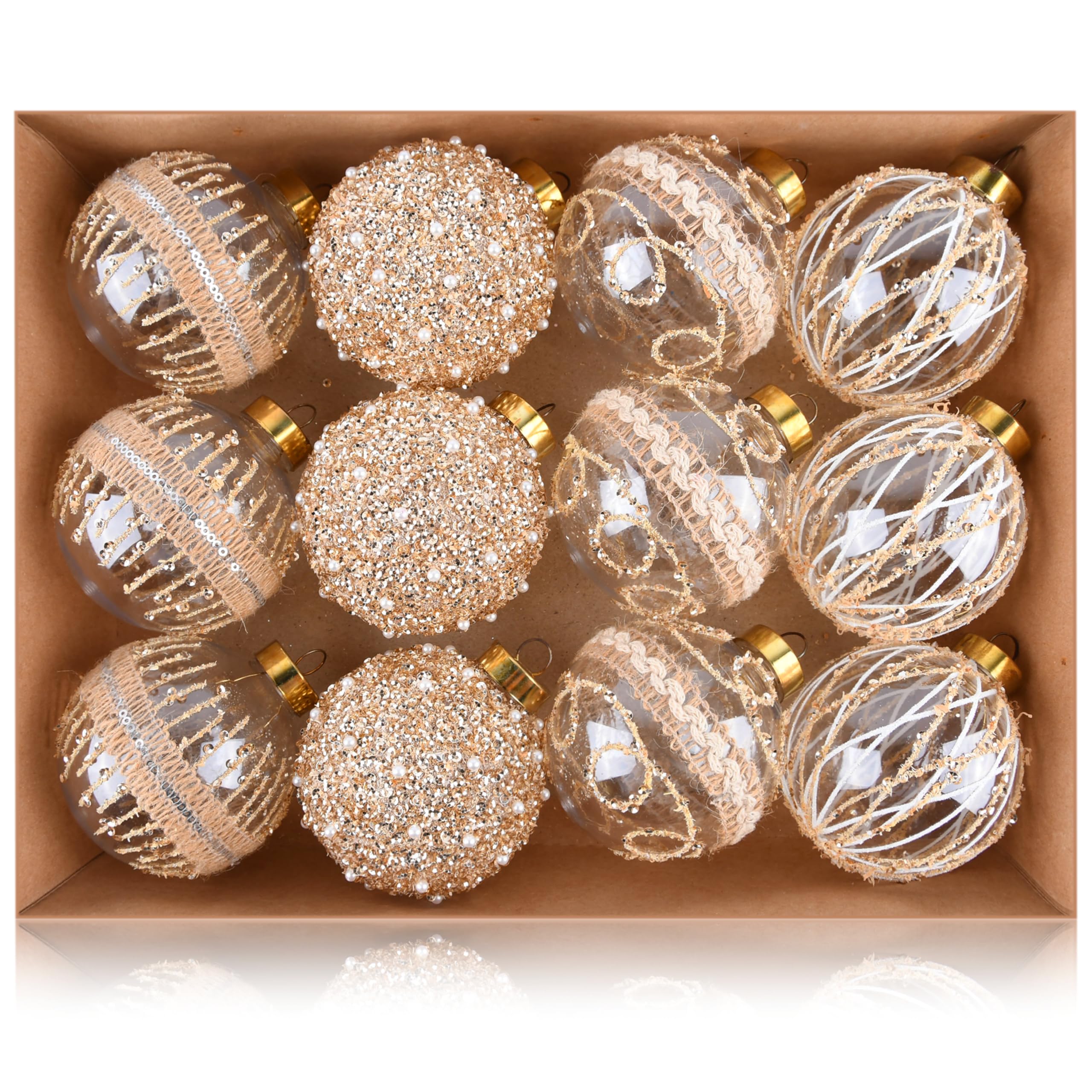 12 Pcs 3.15 Inch Rustic Champagne Christmas Ball Ornaments for Tree